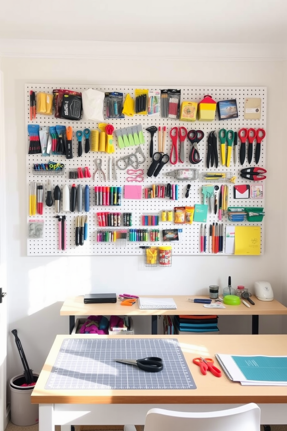 A pegboard wall is installed in a bright and airy home office craft room, providing ample space for organized supplies. Colorful bins and hooks hang from the pegboard, showcasing an array of craft materials and tools for easy access.