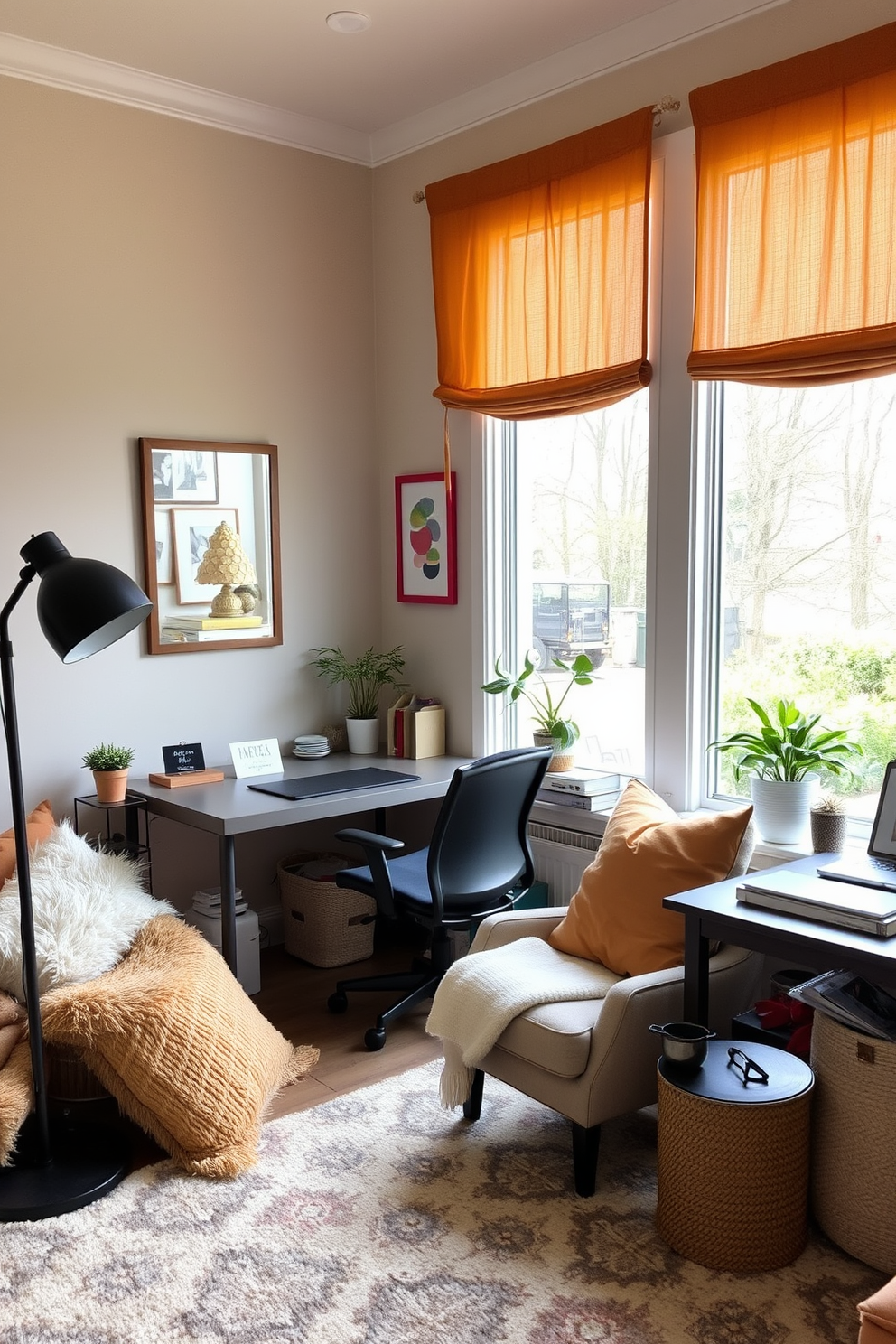 A stylish home office craft room designed for creativity and productivity. The room features a large wall-mounted calendar for planning, surrounded by shelves filled with art supplies and materials. A spacious desk sits in the center, adorned with a sleek laptop and colorful stationery. Natural light floods in through a large window, enhancing the vibrant atmosphere of the space.