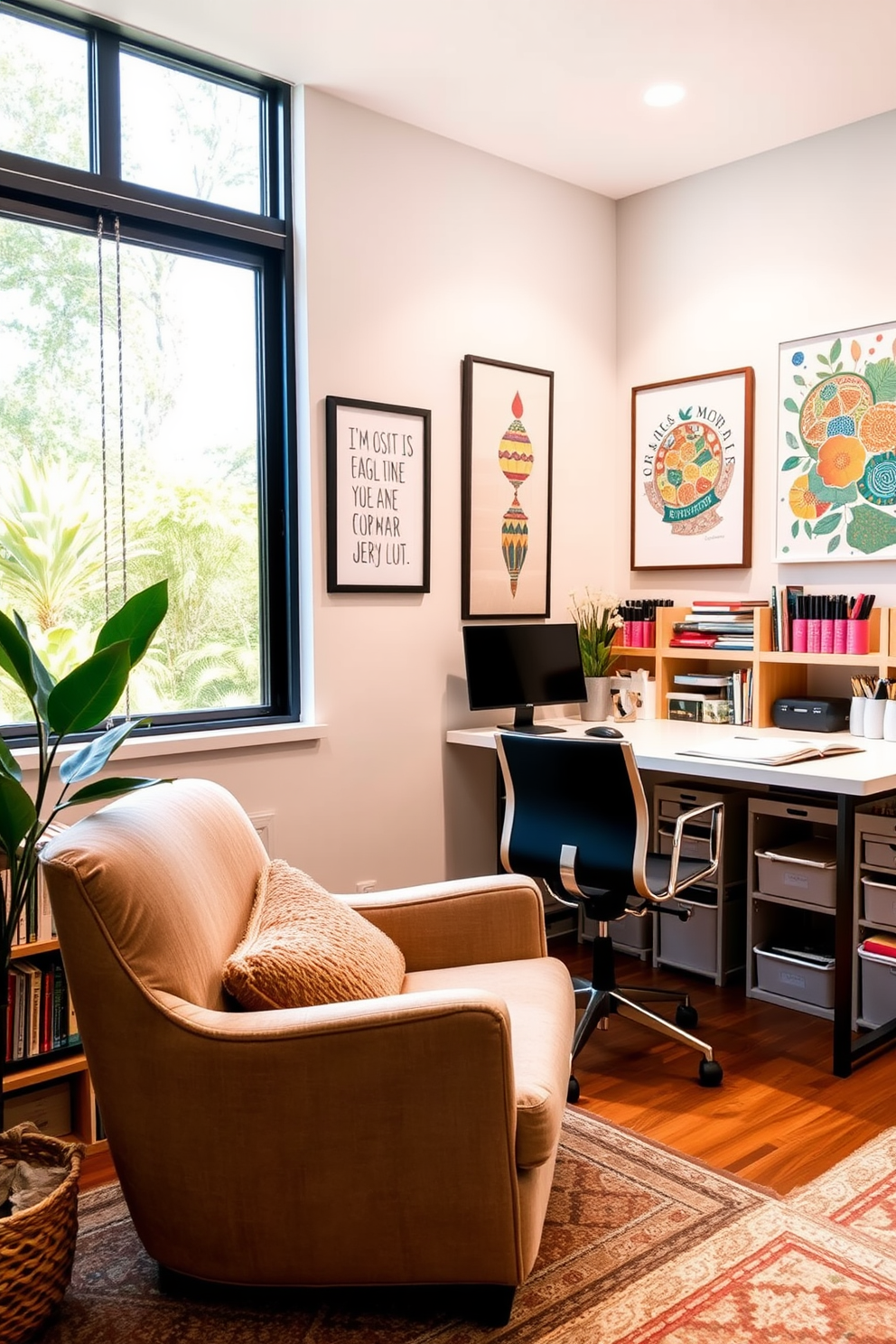 Cozy reading nook with plush chair. A large window lets in natural light, and a small bookshelf filled with books is positioned nearby. Home Office. A sleek desk with a modern chair faces a wall adorned with inspiring artwork, and a potted plant adds a touch of greenery. Craft Room Design Ideas. A spacious table is surrounded by organized storage units filled with art supplies, and colorful wall art inspires creativity.