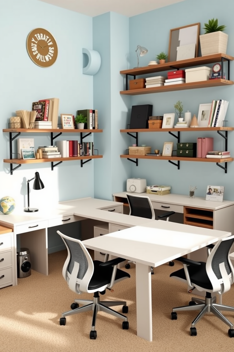 An L-shaped desk is positioned in the center of the room, providing ample space for two workstations. The desk features a sleek finish with integrated storage solutions and ergonomic chairs for comfort. The walls are painted in a calming light blue, creating a serene atmosphere for productivity. Shelves filled with craft supplies and decorative items are arranged above the desk, adding personality to the space.