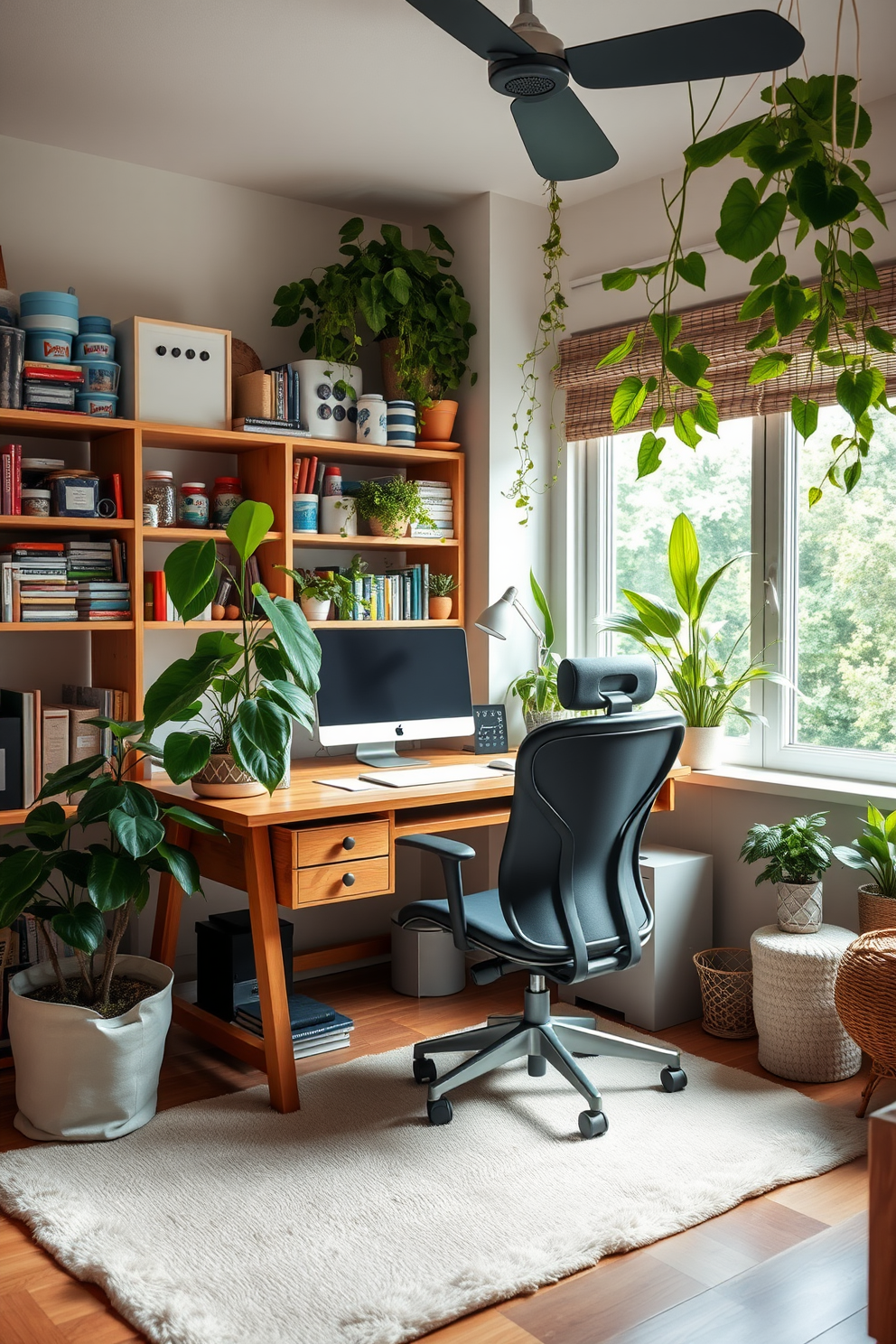 A bright and inspiring home office with large windows that allow natural light to flood the space. The room features a sleek wooden desk positioned in front of the windows, complemented by a comfortable ergonomic chair and stylish shelving units filled with books and decorative items. A cozy craft room designed for creativity and organization, showcasing ample storage solutions for supplies. The space includes a large worktable surrounded by colorful bins and a wall adorned with pegboards for easy access to tools and materials.