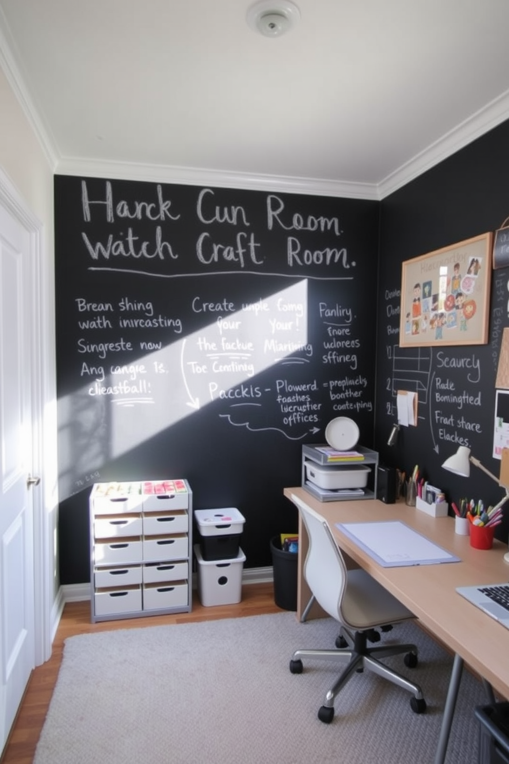 A spacious home office craft room features a large wooden desk positioned against a wall. The desk is complemented by a comfortable ergonomic chair and organized storage solutions, creating an inspiring workspace. Natural light floods the room through a large window adorned with sheer curtains. Shelves filled with craft supplies and decorative items line the walls, adding a personal touch to the creative environment.