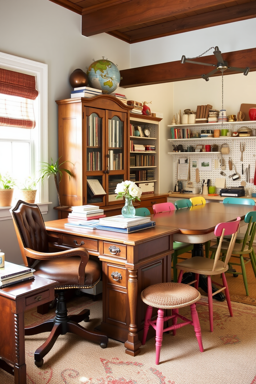 A bright and organized craft room featuring color-coded storage bins neatly arranged on open shelving for easy access. The walls are painted in a soft pastel hue, and a large workspace with a sturdy table is positioned in the center, surrounded by comfortable seating.