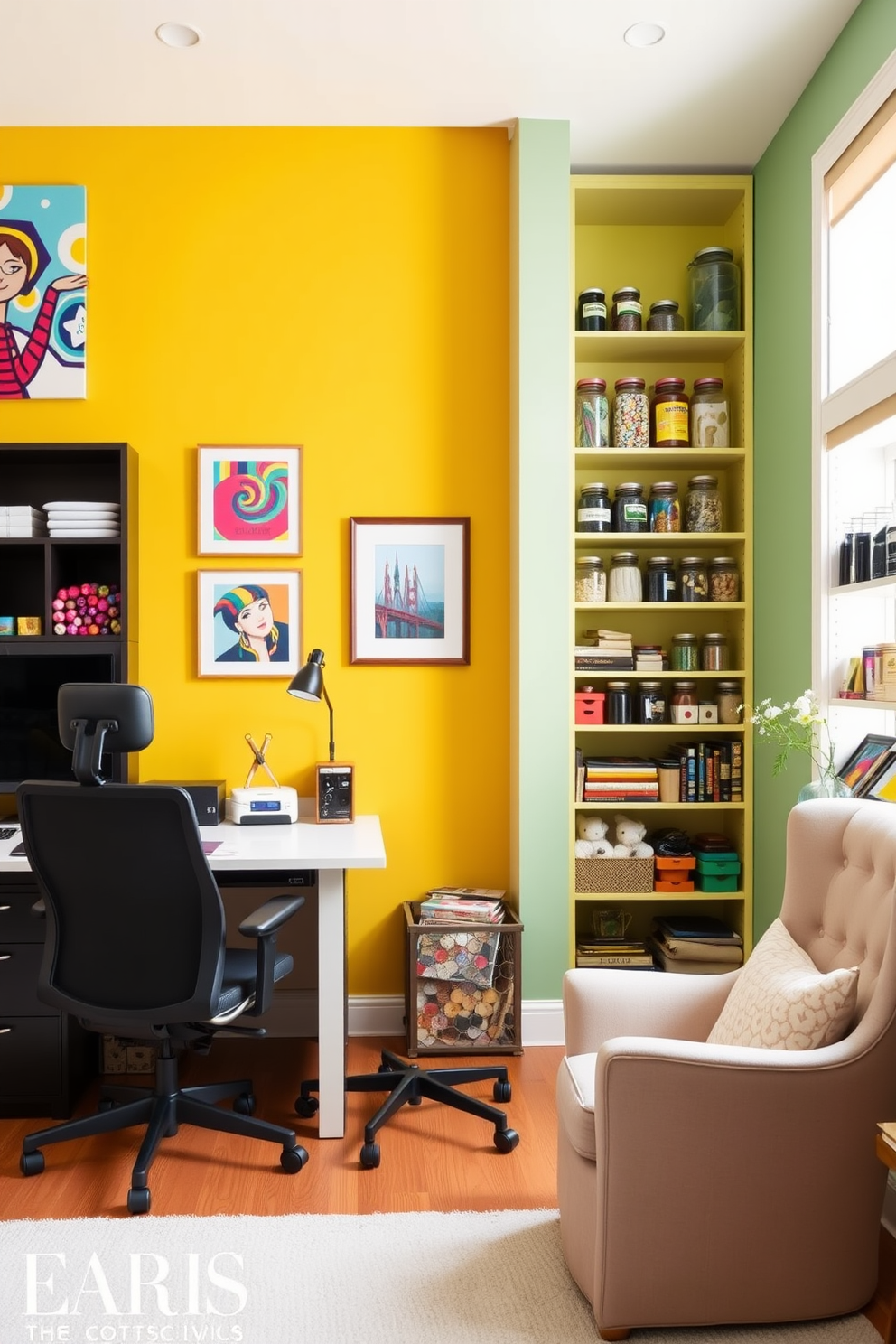 A bright accent wall painted in a vibrant yellow creates an energizing atmosphere in the home office. The space features a modern desk with ample storage and a comfortable ergonomic chair, complemented by colorful artwork that sparks creativity. In the craft room, a dedicated area with a large work table is surrounded by organized storage for supplies. Shelves filled with jars of buttons, fabrics, and paints line the walls, while a cozy reading nook with a plush chair invites relaxation and inspiration.