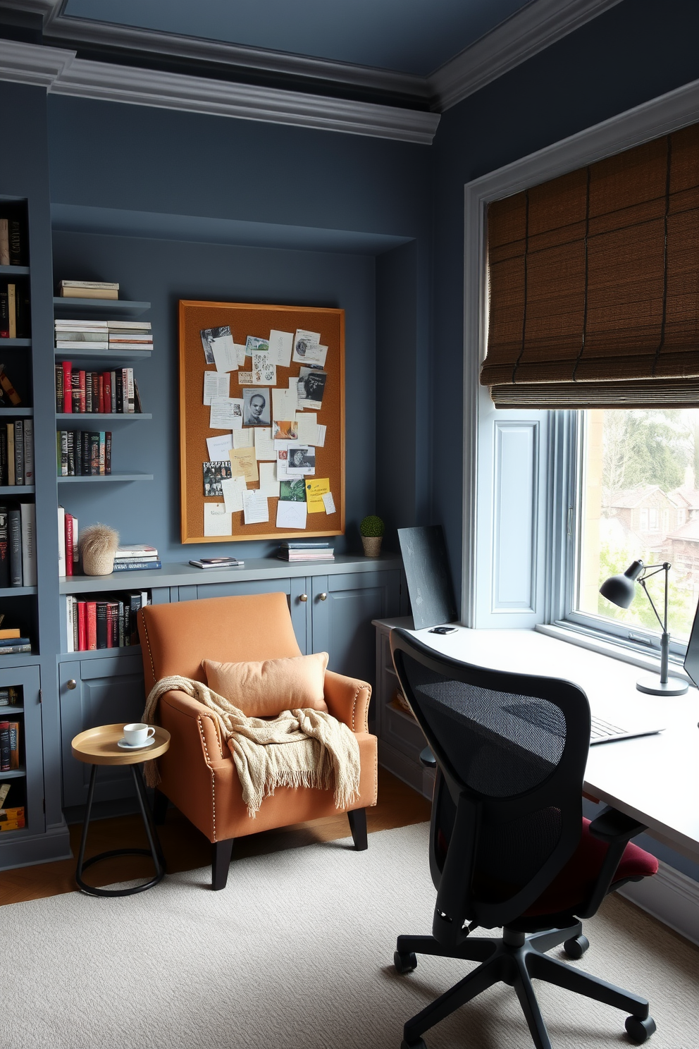 Cozy reading nook with built-in shelves. A plush armchair is positioned next to a large window, allowing natural light to flood the space. The walls are lined with built-in shelves filled with books and decorative items. A soft throw blanket is draped over the armchair, and a small side table holds a steaming cup of tea. Home Office Den Design Ideas. A spacious desk with a sleek design faces the window, providing a view and ample light for working. The walls are painted in a calming blue hue, and a comfortable ergonomic chair complements the desk. A bulletin board filled with inspiration and notes is mounted above the desk, adding a personal touch.