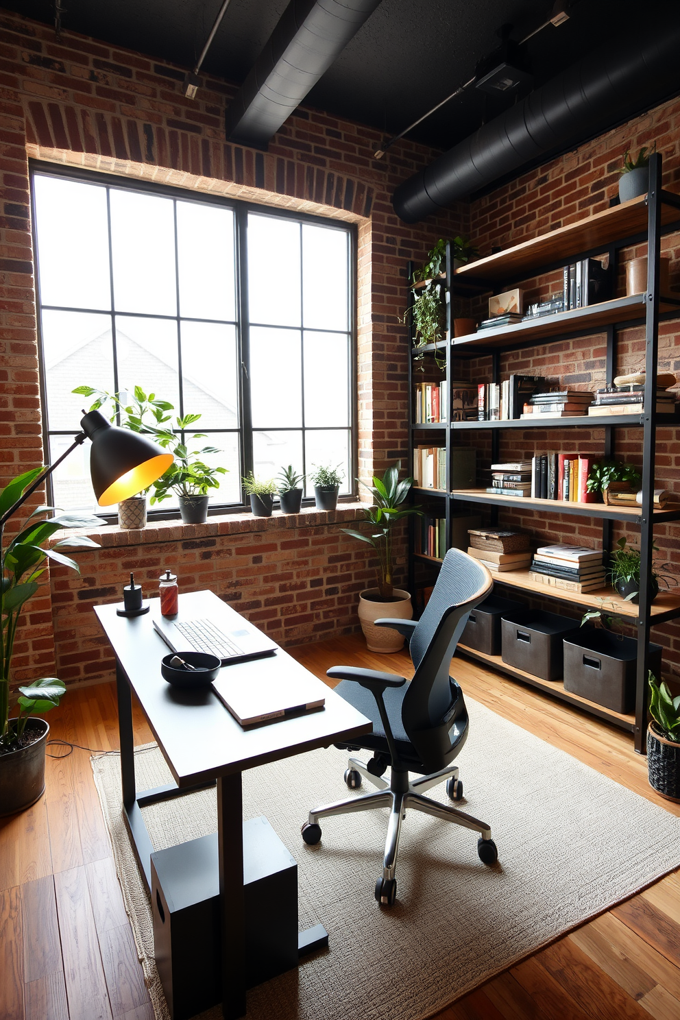 A modern home office den featuring an industrial style with exposed brick walls and large metal accents. The centerpiece is a sleek metal desk paired with a comfortable ergonomic chair, while a vintage floor lamp provides warm lighting. Shelving units made of reclaimed wood and metal display books and decorative items, creating a cozy yet functional workspace. A large window allows natural light to flood the room, complemented by potted plants that add a touch of greenery.