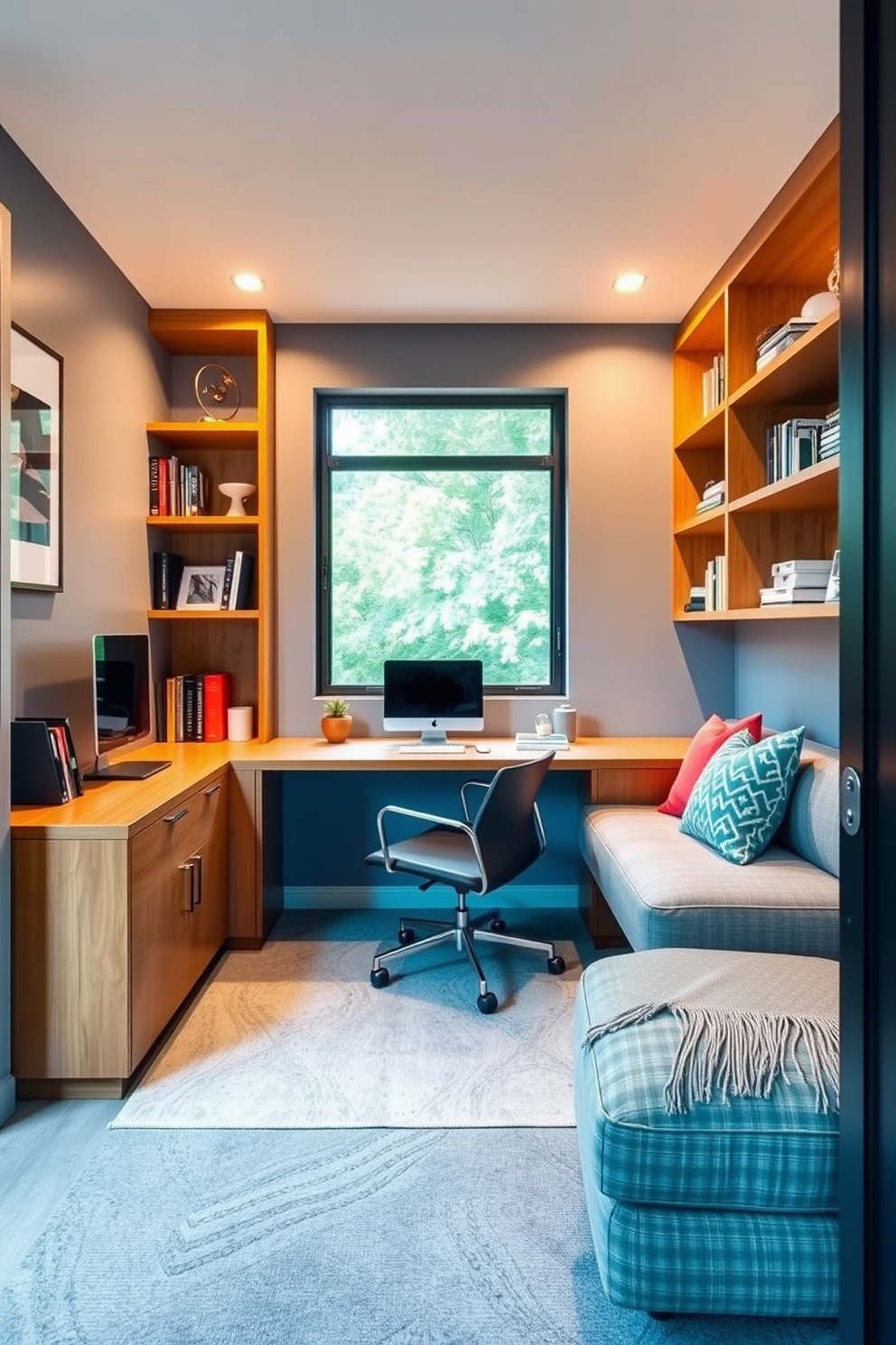 A cozy home office den featuring a sleek desk that doubles as a dining table. The space includes a comfortable chair that can be easily tucked away and a wall-mounted shelf for books and decor. The room is adorned with soft lighting from a stylish lamp and has a neutral color palette to create a calming atmosphere. A foldable sofa bed is positioned against the wall, providing additional seating and sleeping space for guests.