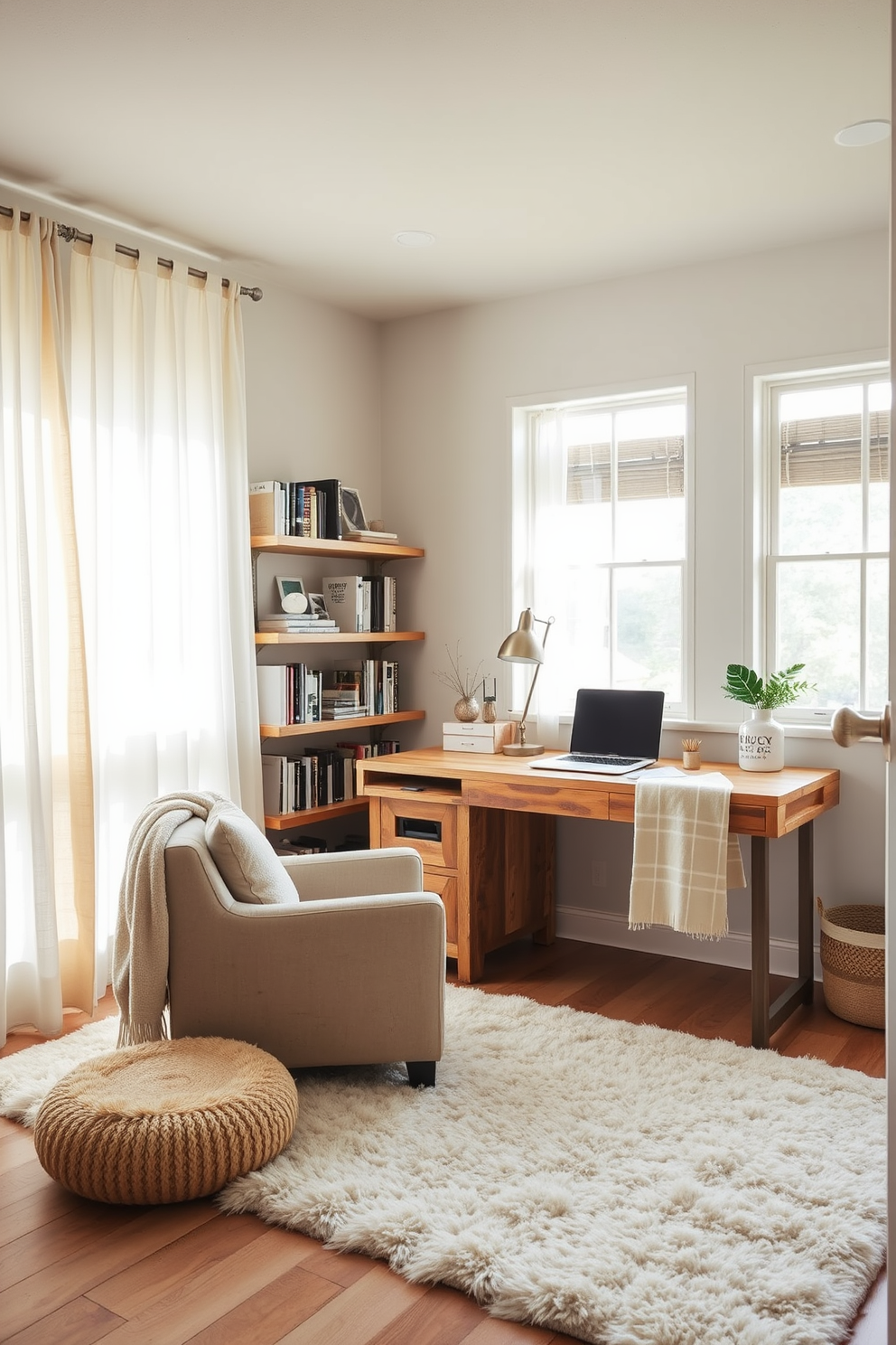 A cozy home office den featuring soft textures that invite relaxation and productivity. The space includes a plush area rug, a comfortable upholstered chair, and warm-toned wooden shelves filled with books and decorative items. Natural light floods the room through large windows adorned with sheer curtains. A stylish desk made of reclaimed wood sits against the wall, complemented by a soft throw blanket draped over the chair.