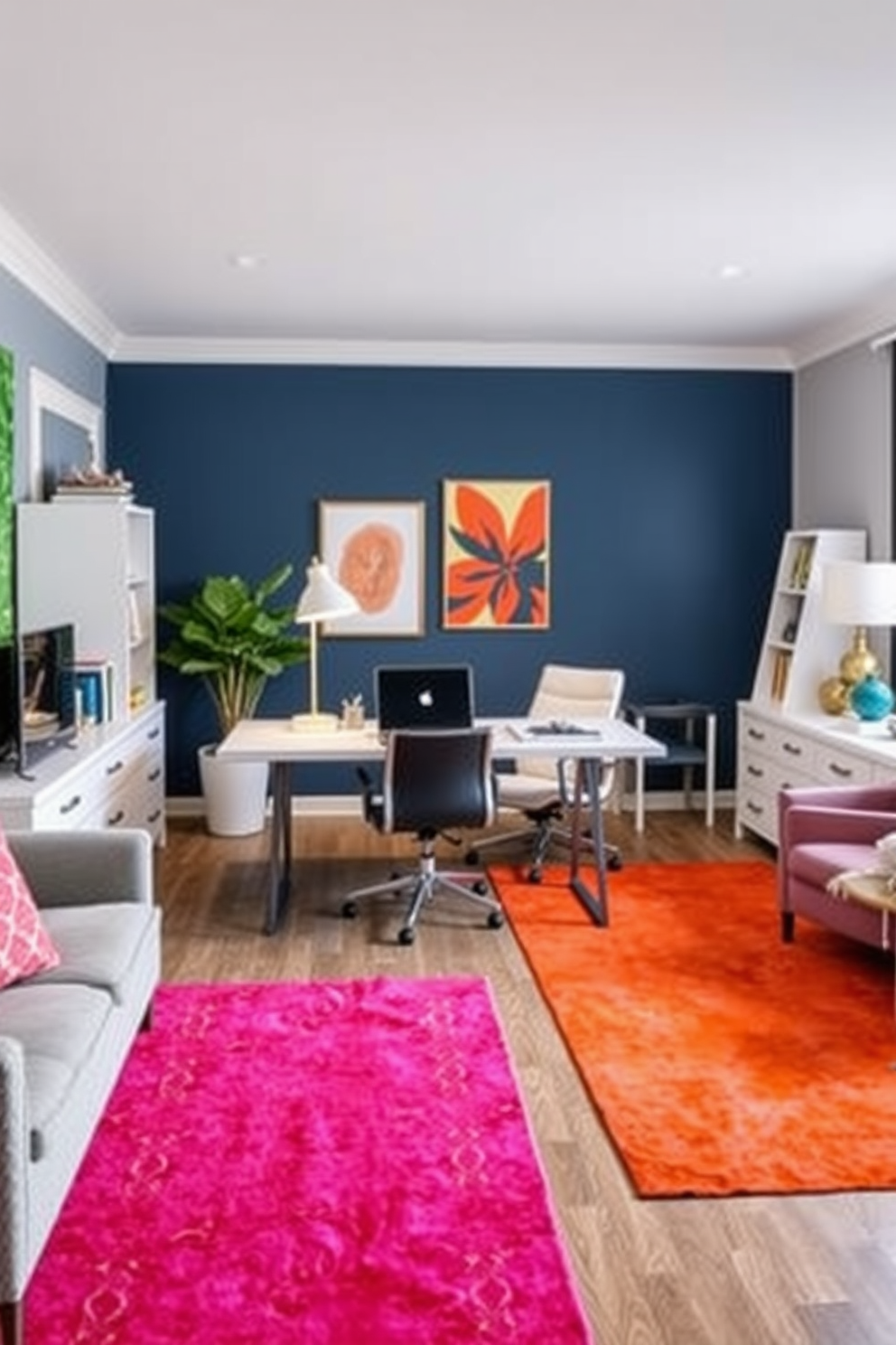 Bright rugs in vibrant colors anchor the workspace, adding warmth and personality to the home office den. The design incorporates a spacious desk with modern accents, surrounded by comfortable seating that encourages productivity and creativity.