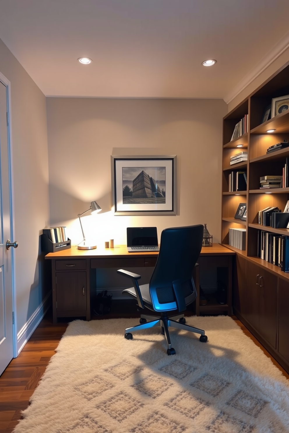 A cozy home office den with soft ambient lighting. The space features a large wooden desk with a sleek lamp and a comfortable ergonomic chair. The walls are painted in a warm neutral tone, and a plush area rug adds texture to the floor. Shelves filled with books and decorative items line one side, creating a personal touch.