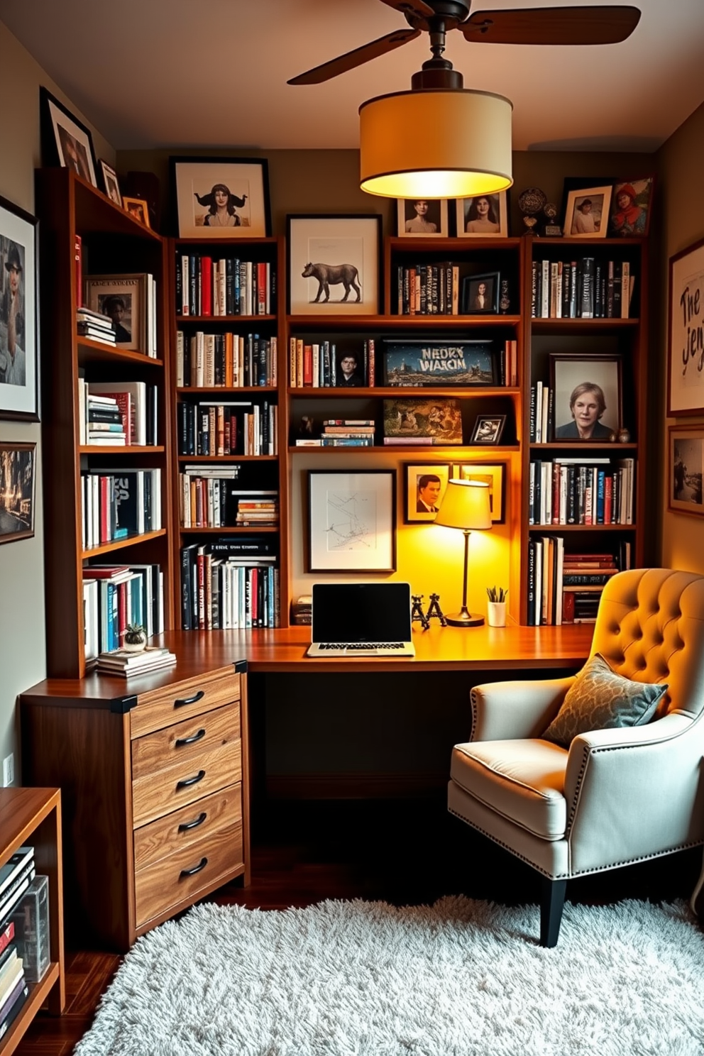 A cozy home office den that showcases personalized decor reflecting the owner's personality. The space features a large wooden desk with a sleek laptop, surrounded by bookshelves filled with colorful books and personal memorabilia. On the walls, framed art pieces and photographs add a personal touch, while a plush armchair in the corner invites relaxation. Warm lighting from a stylish desk lamp creates an inviting atmosphere, complemented by a soft area rug underfoot.