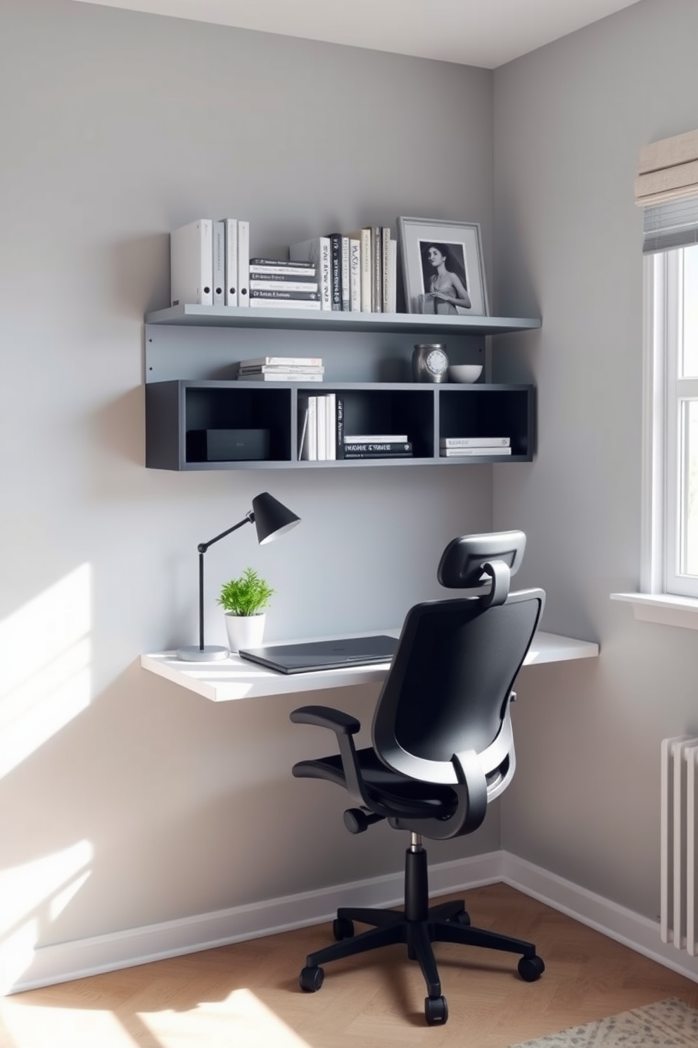 A sleek wall-mounted desk is positioned against a light gray wall, maximizing floor space in the compact home office. Above the desk, open shelving displays neatly organized books and decorative items, while a comfortable ergonomic chair complements the minimalist design. Natural light streams in through a nearby window, illuminating the workspace with a warm glow. A small indoor plant sits on the desk, adding a touch of greenery to the modern aesthetic.