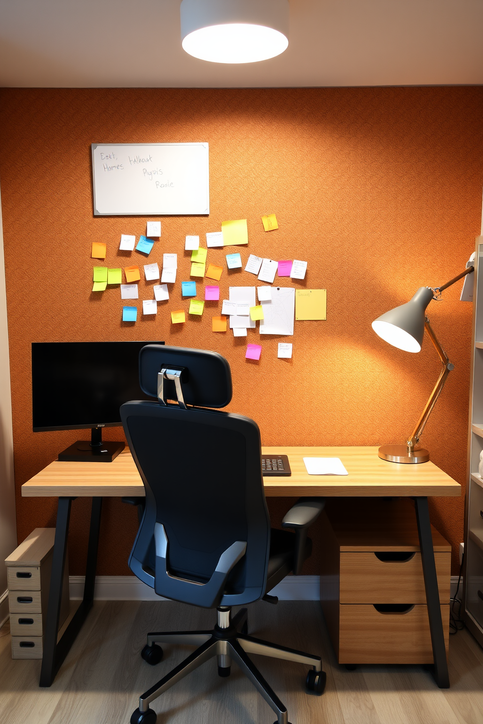 A stylish home office den features a corkboard wall filled with colorful notes and reminders. The workspace includes a sleek wooden desk with a comfortable ergonomic chair, complemented by warm lighting from a modern desk lamp.