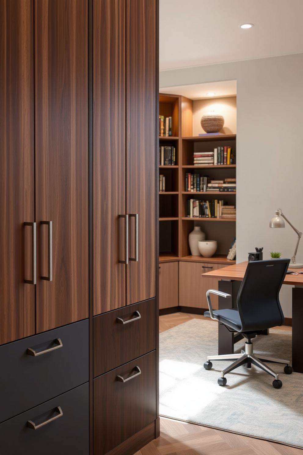 A stylish home office den with hidden cable management features for a tidy look. The workspace includes a sleek wooden desk with integrated cable channels and a comfortable ergonomic chair. The walls are painted in a calming blue hue, complemented by built-in shelving that neatly houses books and decorative items. A plush area rug adds warmth to the space, while large windows allow natural light to illuminate the room.