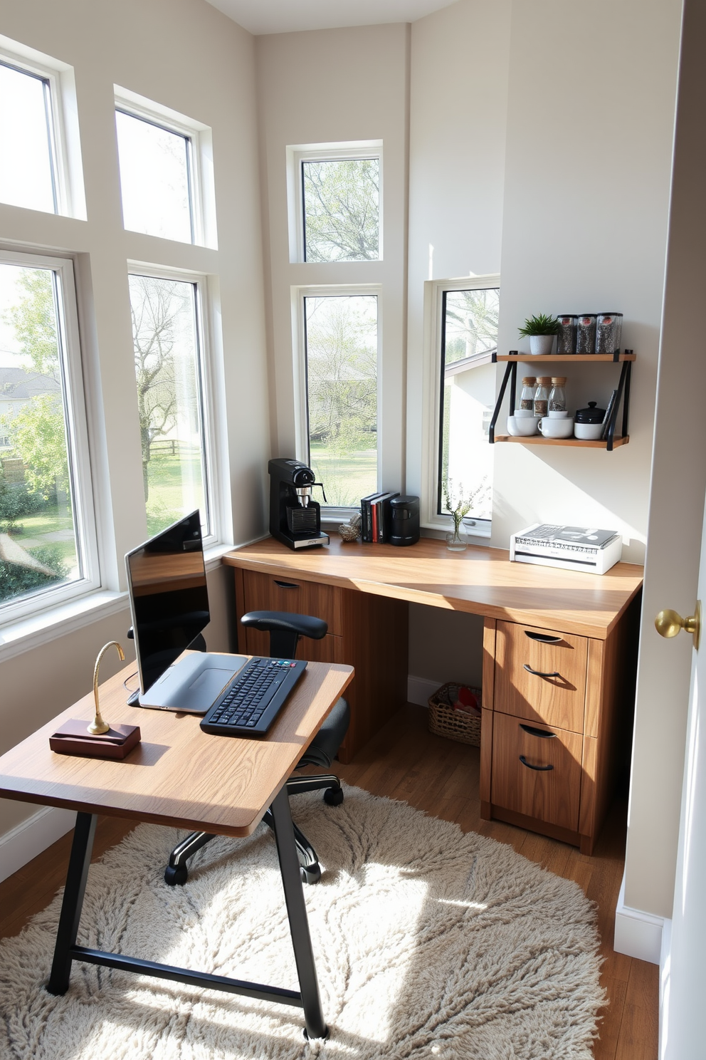 A cozy home office den features a small coffee station in the corner, complete with a sleek espresso machine and a set of ceramic mugs. The desk is positioned near a window, allowing natural light to illuminate the space, while a plush armchair invites relaxation during breaks. The walls are painted in a calming blue hue, and a large bookshelf filled with books adds character to the room. A soft area rug lies beneath the desk, and a potted plant brings a touch of greenery to the overall design.