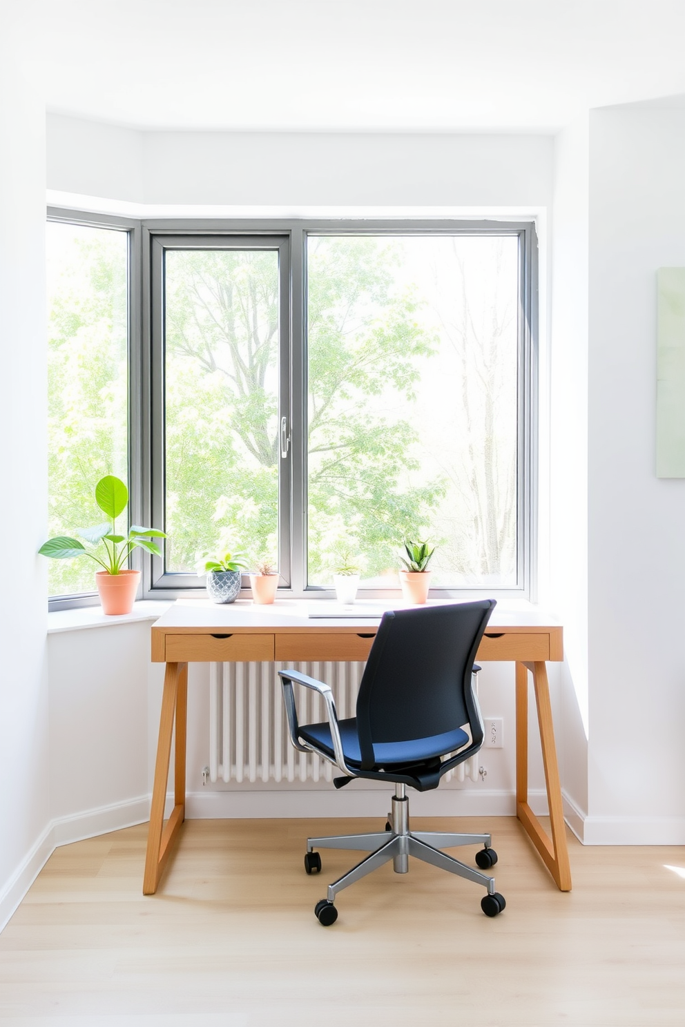 A minimalist desk is positioned in front of a large window that allows ample natural light to flood the space. The desk features clean lines and a light wood finish, accompanied by a comfortable ergonomic chair. The walls are painted in a soft white hue, enhancing the airy feel of the room. A few potted plants are placed on the windowsill, adding a touch of greenery to the serene home office den.