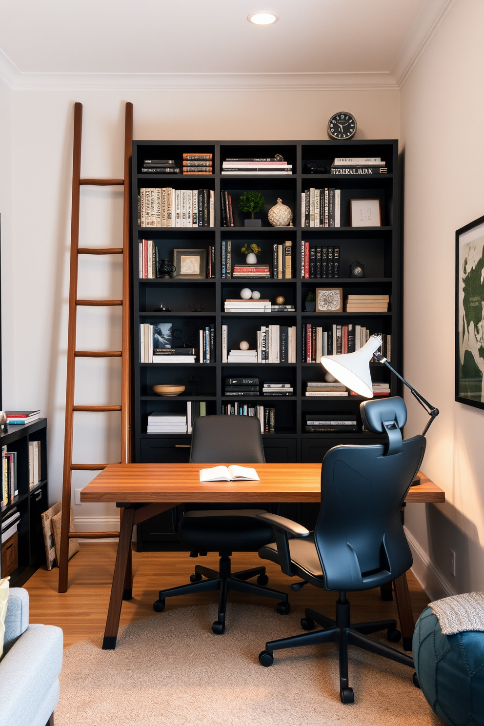 A cozy home office den featuring a stylish ladder for storage. The ladder leans against a wall filled with neatly organized books and decorative items, adding a modern touch to the space. A large wooden desk sits in the center, complemented by a comfortable ergonomic chair. Soft lighting from a stylish desk lamp creates a warm and inviting atmosphere for productivity.