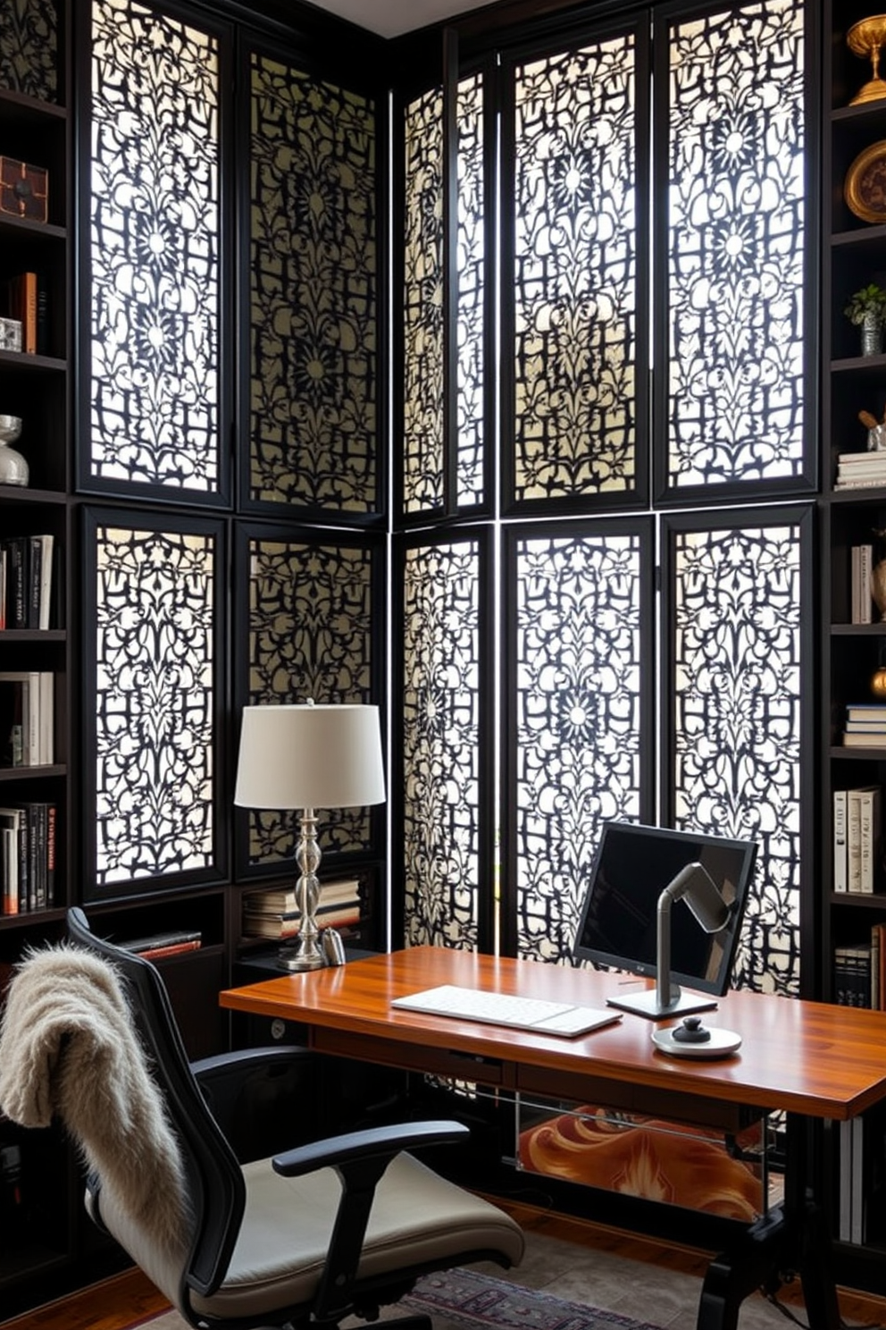 A cozy home office den features textured curtains that softly filter natural light, creating a warm and inviting atmosphere. The walls are painted in a calming shade, and a comfortable desk is positioned near a window, surrounded by shelves filled with books and decorative items.