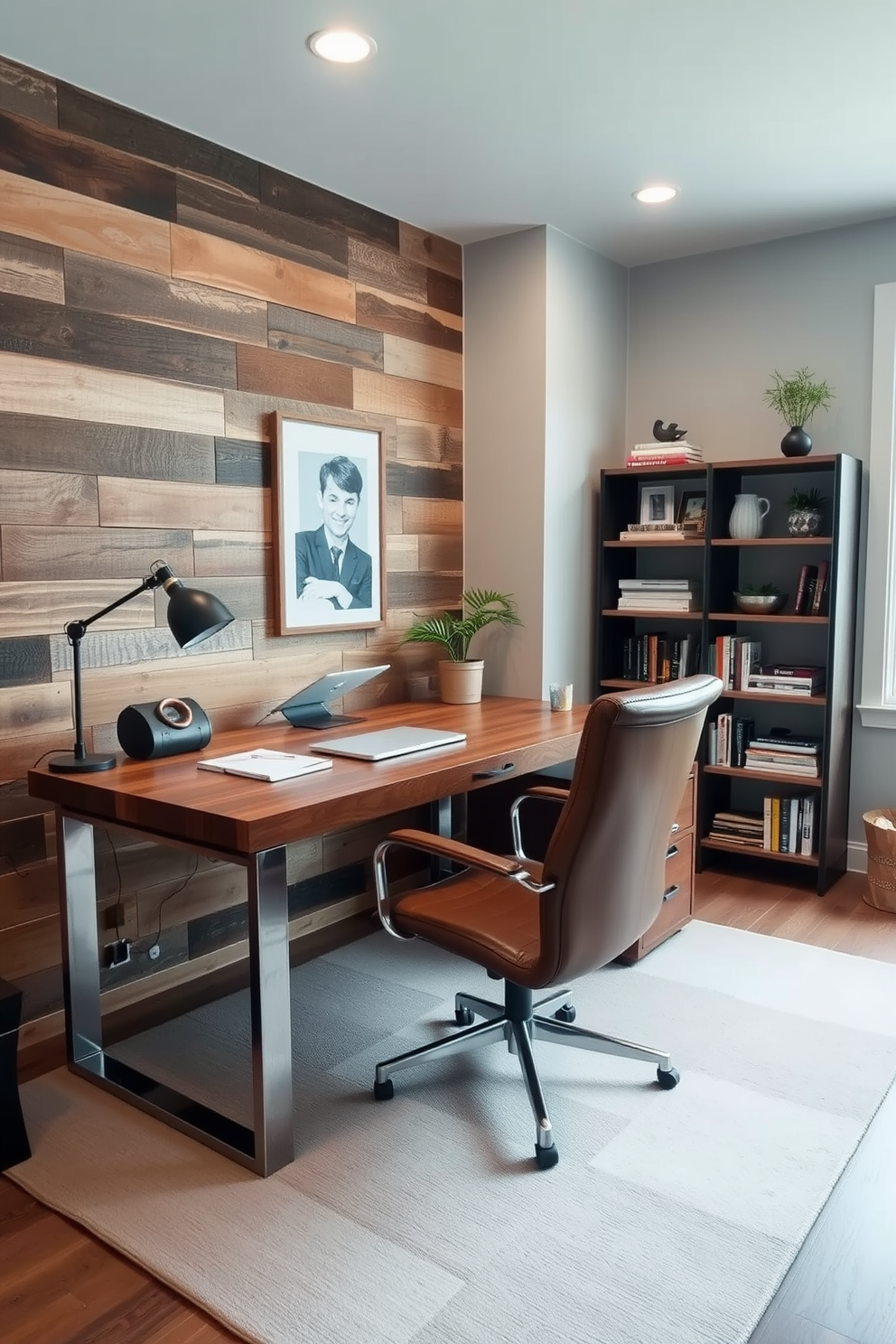 A cozy home office den featuring a blend of modern and rustic elements. The space includes a large wooden desk with a sleek metal frame, paired with a comfortable leather chair. On the walls, reclaimed wood panels add warmth, while a contemporary bookshelf filled with books and decorative items stands to one side. A soft area rug in neutral tones lies beneath the desk, and a large window allows natural light to fill the room.