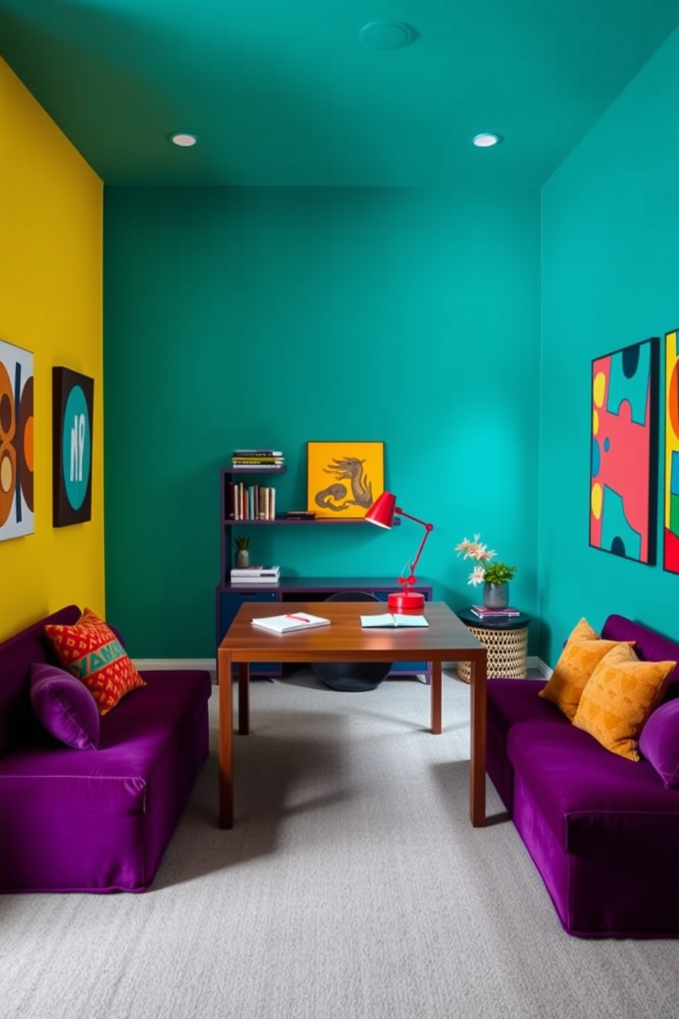 A vibrant home office den filled with bold colors to inspire creativity and focus. The walls are painted in a deep teal, complemented by a bright yellow accent wall, creating an energizing atmosphere. A sleek wooden desk sits in the center, adorned with a modern desk lamp in a striking red hue. Plush seating in a rich purple provides comfort, while colorful artwork adorns the walls, enhancing the overall dynamic feel of the space.