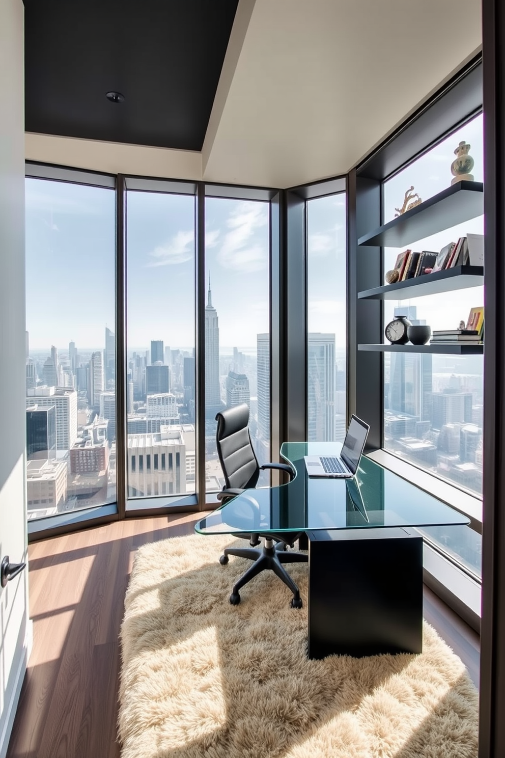 A stylish corner office with expansive views of the city skyline. The space features a sleek glass desk positioned near large floor-to-ceiling windows, allowing natural light to flood the room. A comfortable ergonomic chair complements the desk, while a plush area rug adds warmth to the space. Shelves lined with books and decorative items are mounted on the walls, enhancing the professional yet inviting atmosphere.