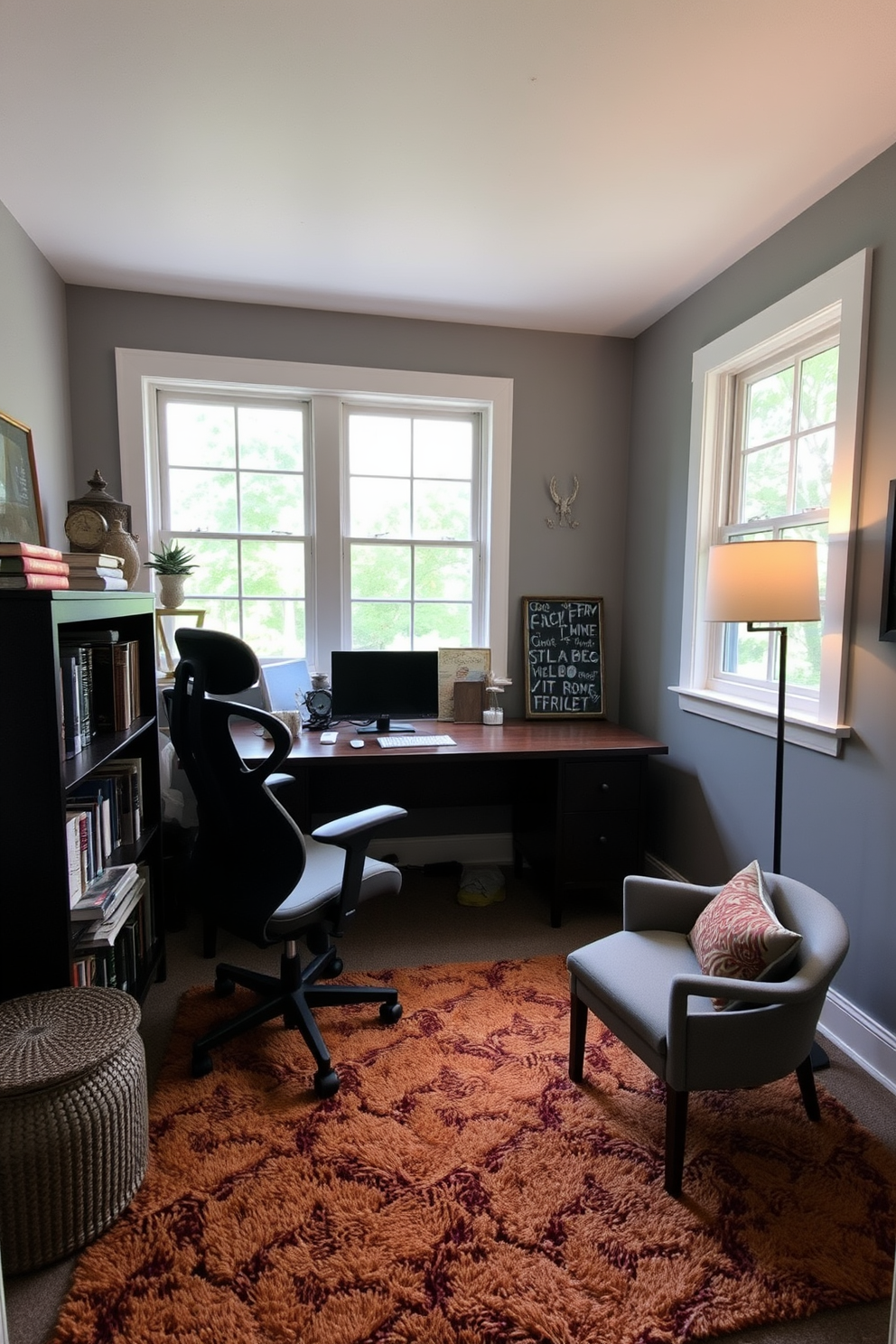 A cozy home office den with a small bookshelf filled with inspiring literature. The desk is made of dark wood and faces a large window, allowing natural light to flood the space. On the opposite wall, the bookshelf is a light-colored wood, adding warmth to the room. A comfortable armchair is placed beside the bookshelf, creating a perfect reading nook.