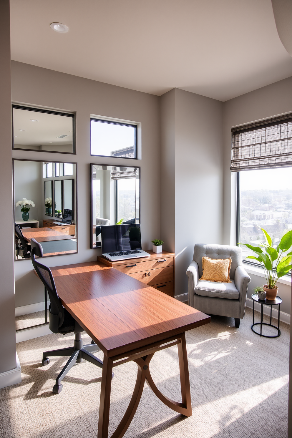 A modern home office den with large windows that allow natural light to flood the space. The walls are painted in a soft gray, and a sleek wooden desk sits against one wall, complemented by a comfortable ergonomic chair. On the opposite wall, a series of framed mirrors reflect the light and create an illusion of space. A cozy reading nook with a plush armchair and a small bookshelf is positioned near the window, adorned with decorative plants for a touch of greenery.