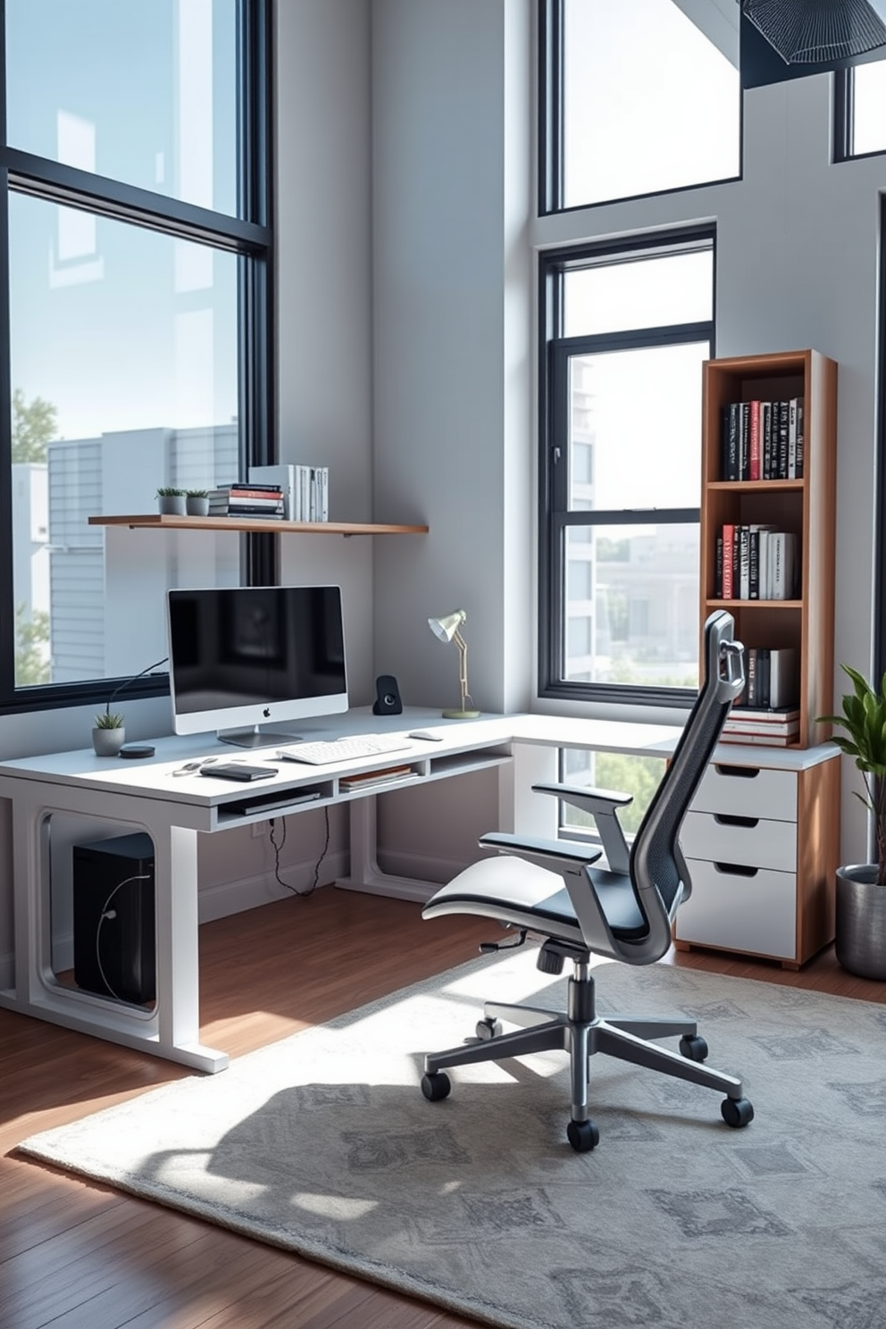 A tech-friendly workspace designed for productivity and comfort. The room features a sleek L-shaped desk with built-in cable management and an ergonomic chair that promotes good posture. Large windows allow natural light to flood the space, enhancing focus and creativity. Wall-mounted shelves hold books and tech gadgets, while a soft area rug adds warmth to the modern aesthetic.