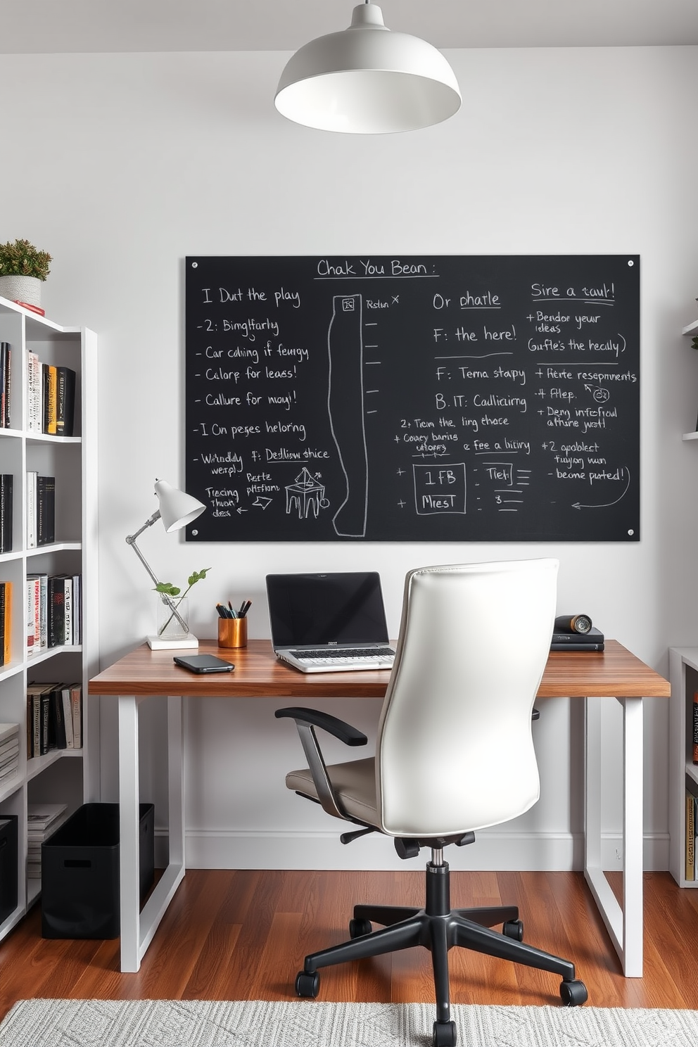 A modern home office den featuring a large chalkboard mounted on the wall for brainstorming and idea organization. The space includes a sleek wooden desk with a comfortable ergonomic chair, surrounded by shelves filled with books and decorative items.