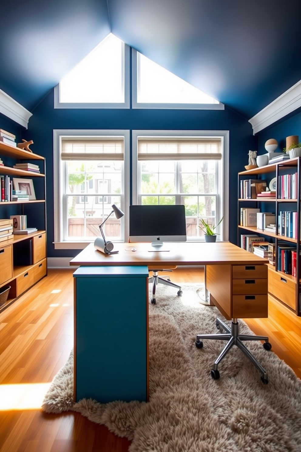 A stunning home office den featuring a bold accent wall painted in a vibrant teal color. The space is furnished with a sleek wooden desk and an ergonomic chair, complemented by a stylish bookshelf filled with books and decorative items.