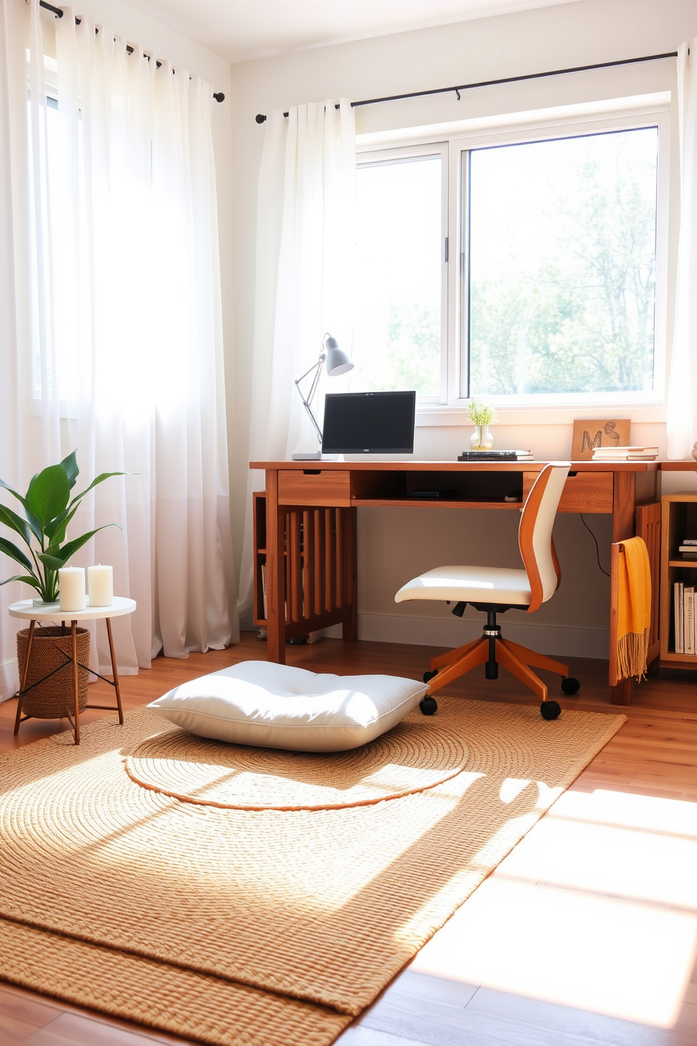 A modern home office den featuring a striking color-blocking scheme. The walls are divided into bold sections of deep navy blue and soft gray, creating a dynamic and inviting atmosphere. A sleek wooden desk sits against the navy wall, complemented by a comfortable ergonomic chair in a vibrant mustard yellow. Shelves filled with books and decorative items add personality to the space, while a large abstract painting in coordinating colors serves as a focal point.