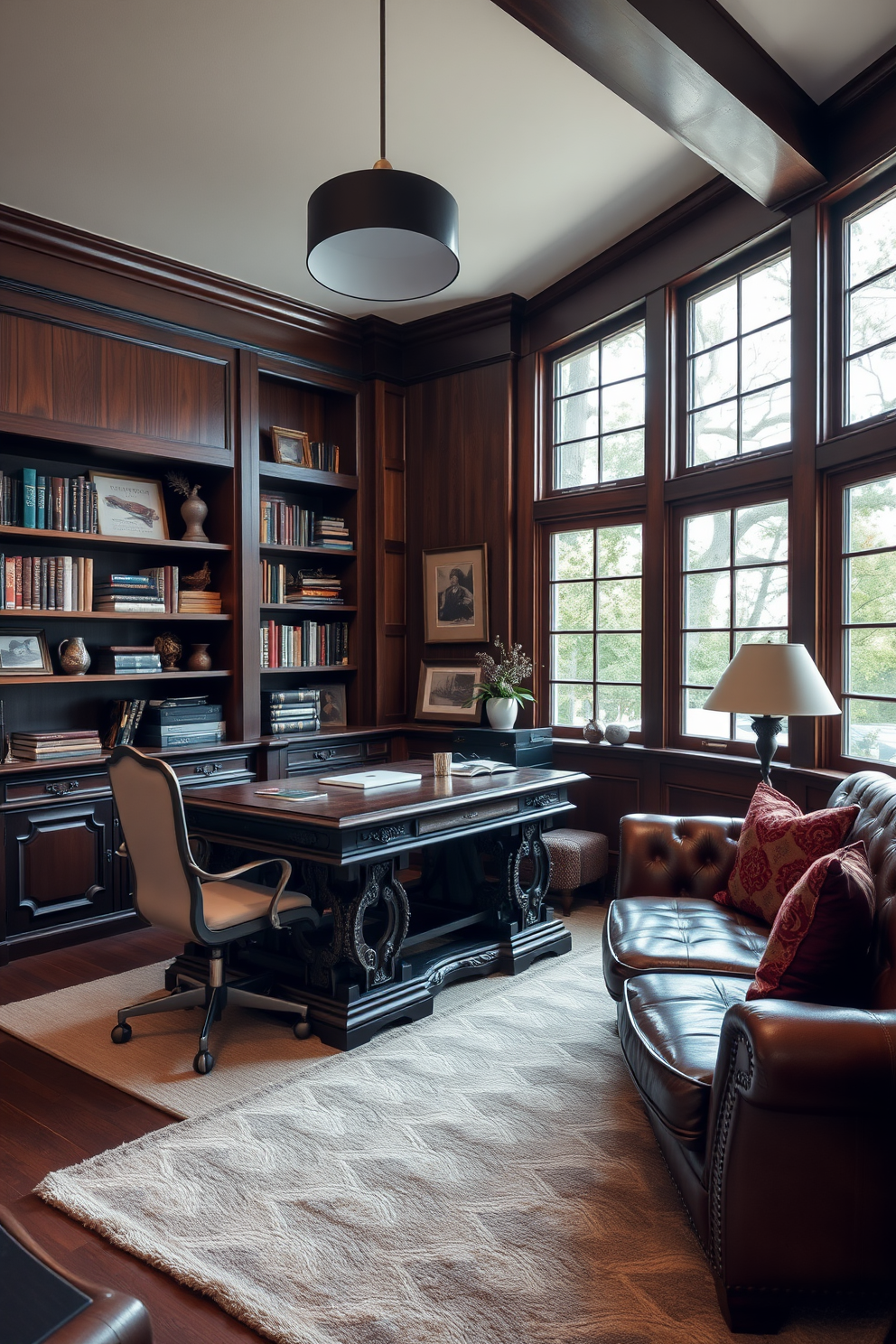 A cozy home office den featuring a vintage wooden desk with intricate carvings paired with a sleek modern chair. The walls are adorned with rich dark wood paneling and a large bookshelf filled with books and decorative items. A plush area rug in muted tones anchors the space, while a vintage leather sofa adds comfort and style. Large windows allow natural light to flood in, complemented by modern pendant lighting overhead.