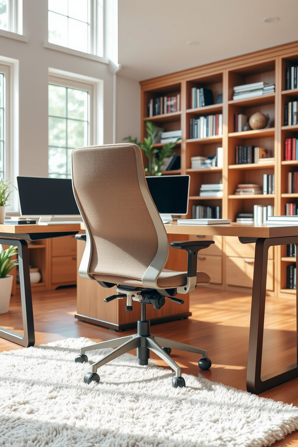 A stylish ergonomic chair designed for comfort and support is placed in a modern home office den. The chair features adjustable height and lumbar support, upholstered in a soft fabric that complements the room's color palette. Surrounding the chair is a sleek wooden desk with ample workspace, adorned with minimalistic accessories. The den is illuminated by natural light streaming through large windows, creating an inviting and productive atmosphere.