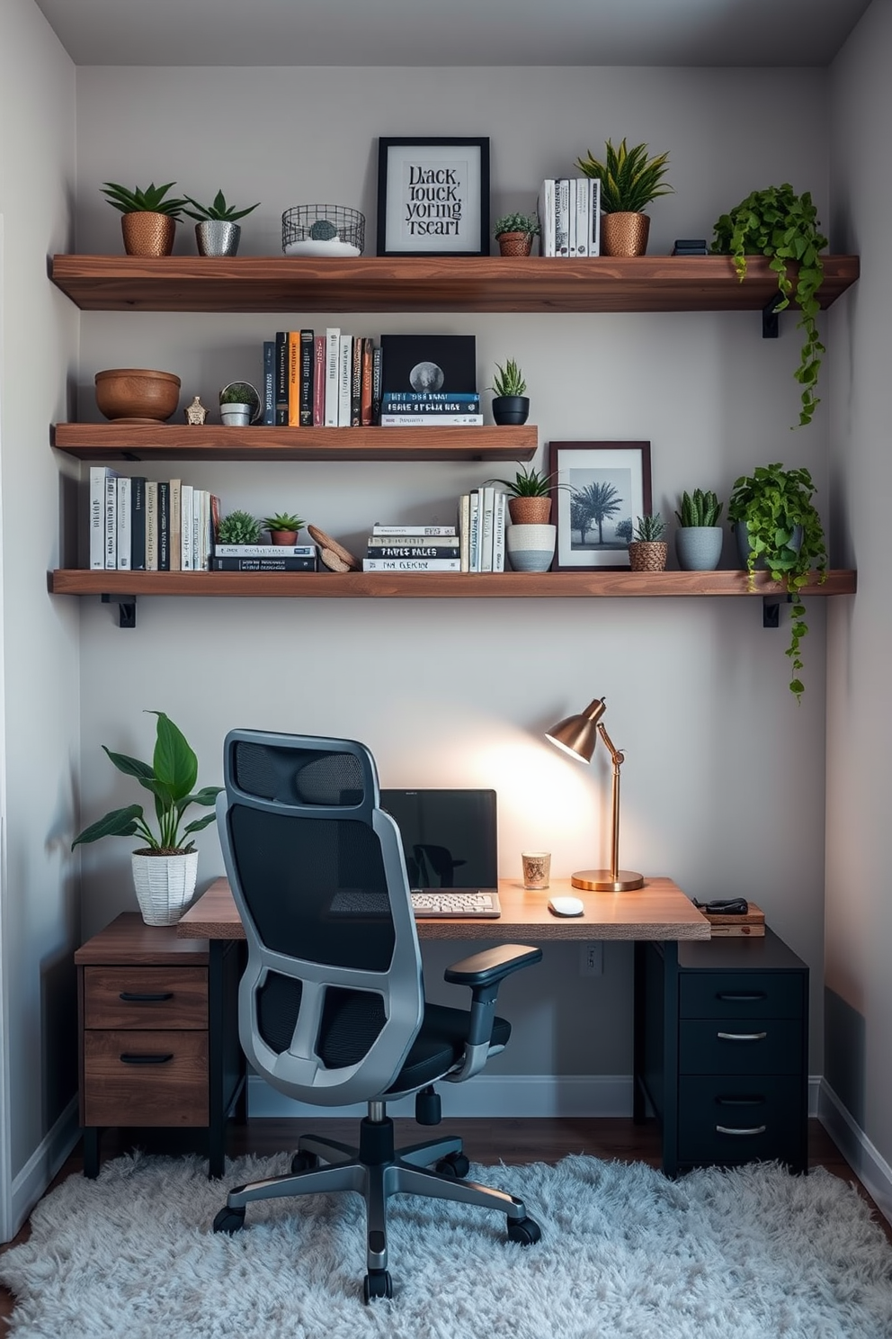 A cozy home office den featuring floating shelves for space-saving storage. The shelves are made of reclaimed wood and are filled with books, plants, and decorative items, creating an inviting atmosphere. A stylish desk is positioned beneath the shelves, complemented by a comfortable ergonomic chair. Soft lighting from a modern desk lamp illuminates the workspace, while a plush area rug adds warmth to the room.