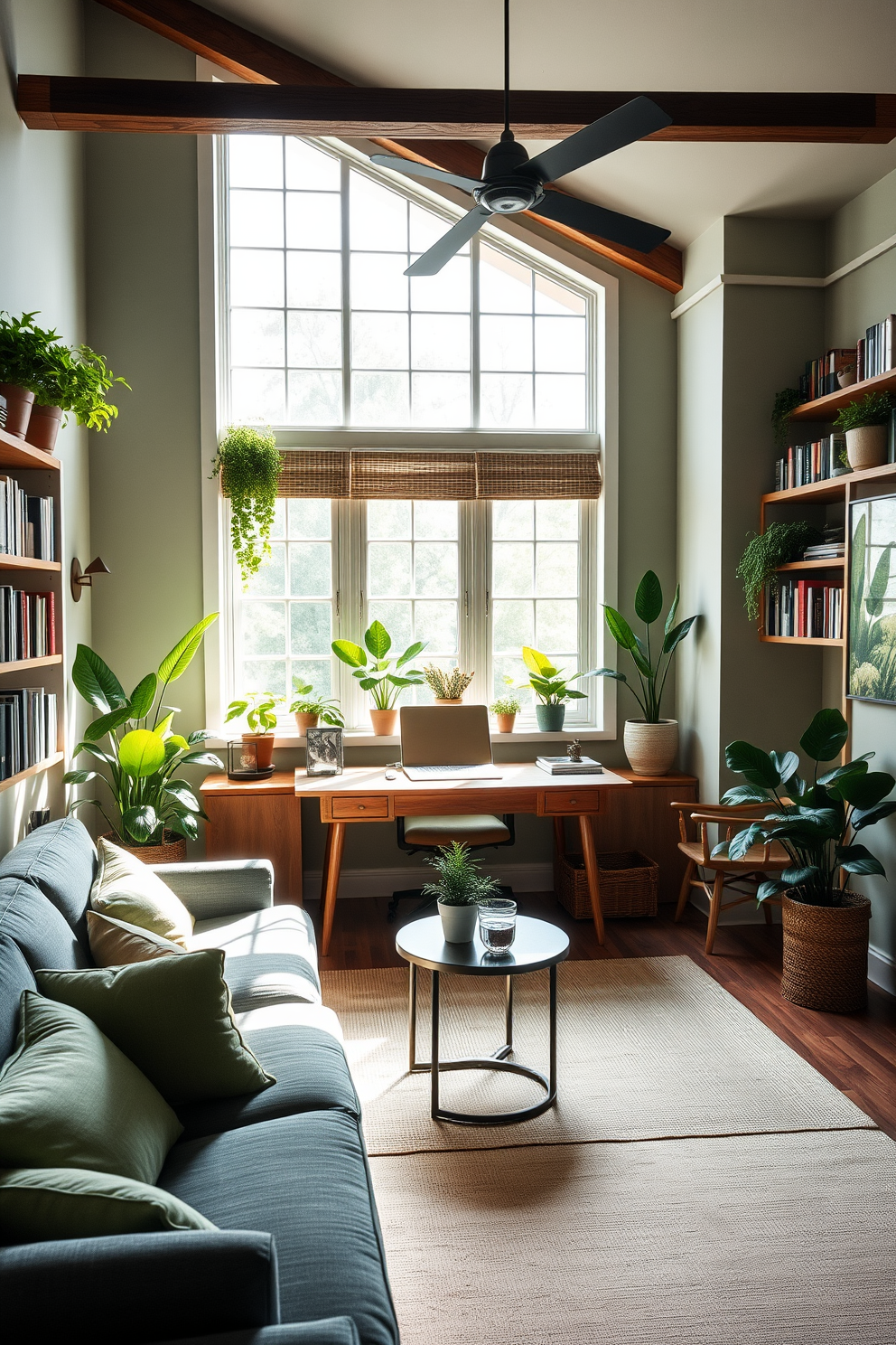 A cozy home office den with a large wooden desk positioned against the wall. There are potted plants on either side of the desk, adding a fresh vibe to the space. The walls are painted in a soft gray color, creating a calm atmosphere. A comfortable armchair sits in the corner, accompanied by a small side table and a lush green plant beside it.