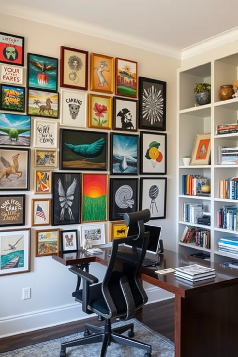 A gallery wall filled with inspiring art pieces showcases a variety of styles and colors. The artwork is arranged in an eclectic yet harmonious manner, creating a focal point that energizes the space. The home office den features a sleek desk made of dark wood paired with a comfortable ergonomic chair. Shelves filled with books and decorative items line the walls, providing both functionality and a personal touch.