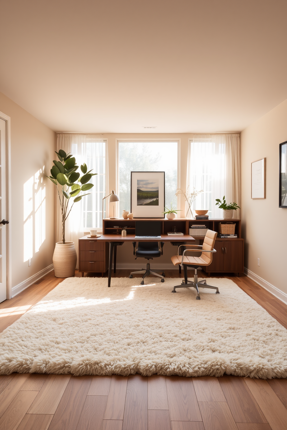 A serene home office den designed with a neutral color palette that promotes calmness. The walls are painted in a soft beige, complemented by a plush cream area rug that adds warmth to the space. A sleek wooden desk sits in the center, adorned with minimalistic decor and a stylish desk lamp. Large windows allow natural light to flood the room, enhancing the tranquil atmosphere with soft sheer curtains.