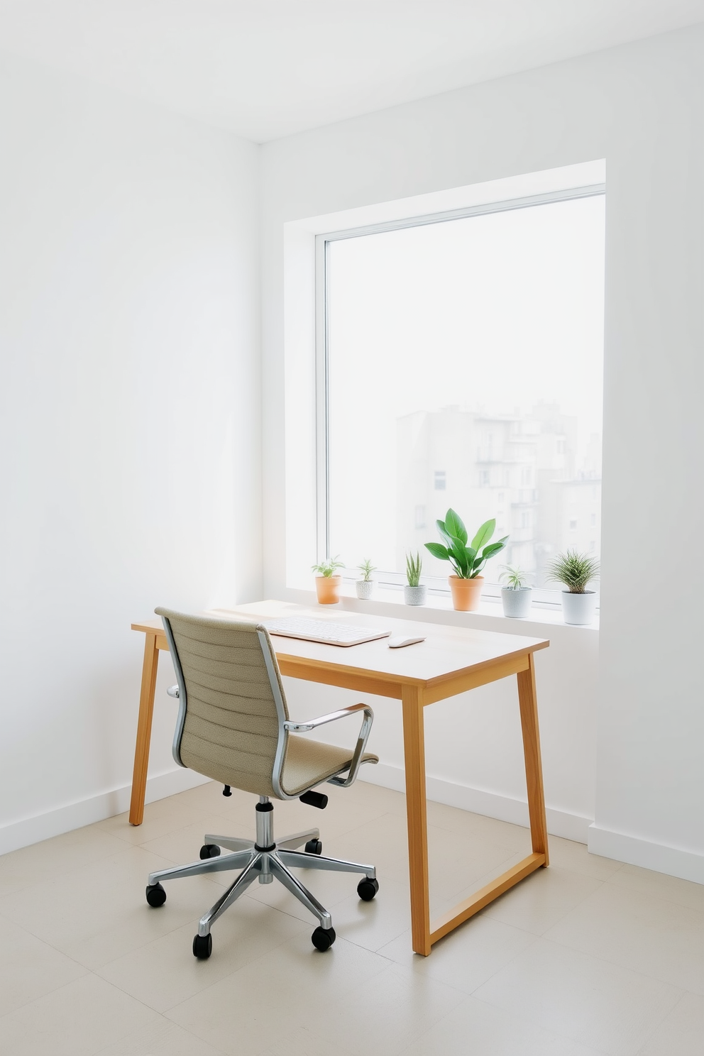 A minimalist desk is positioned near a large window, allowing ample natural light to fill the space. The desk features clean lines and is made of light wood, accompanied by a comfortable, ergonomic chair in a neutral fabric. The walls are painted in a soft white color, creating a serene backdrop for productivity. A few potted plants are placed on the windowsill, adding a touch of greenery to the workspace.