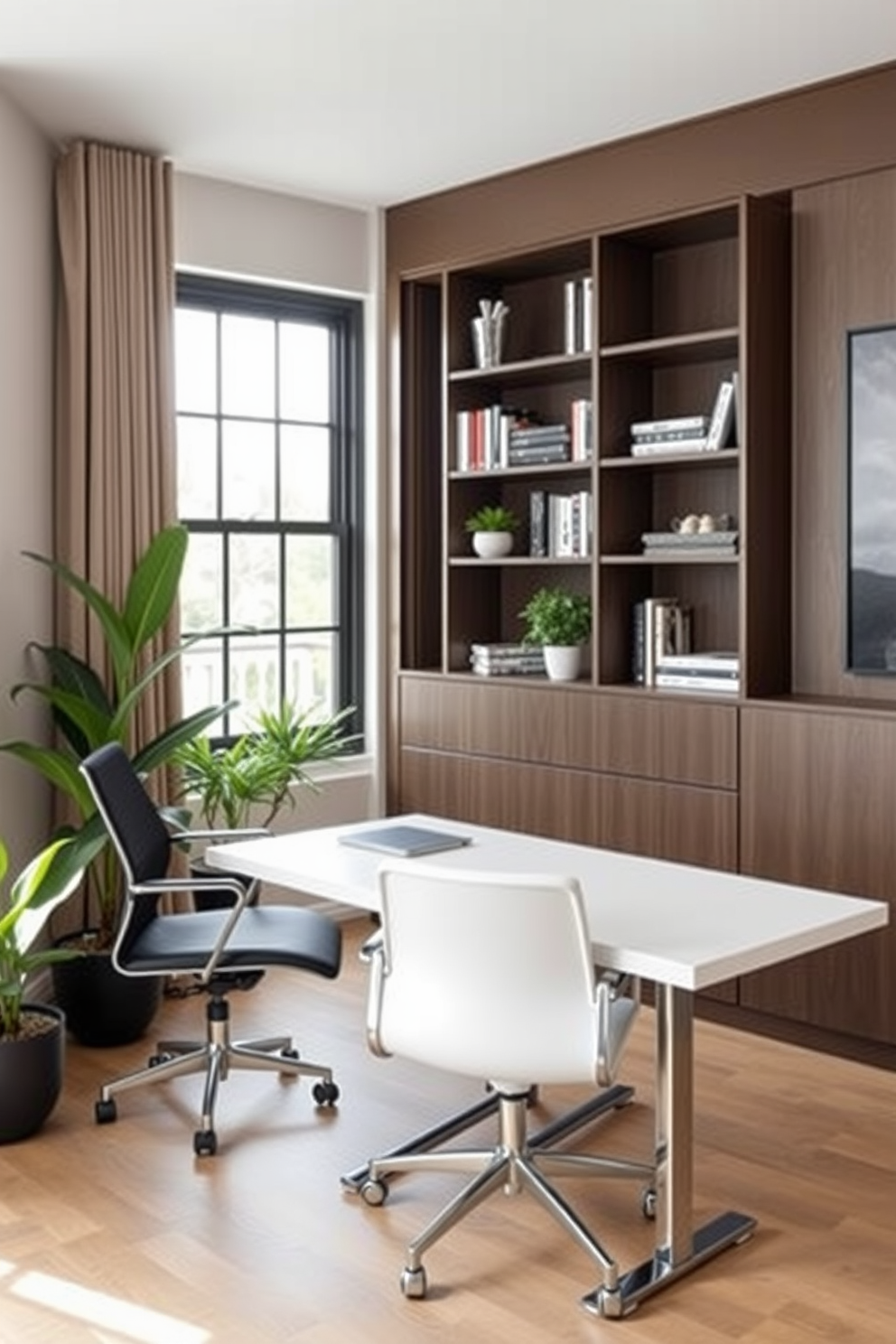 A stylish home office featuring a sleek desk that doubles as a conference table. The room includes a comfortable chair that can be adjusted for both sitting and standing positions. Incorporate a wall-mounted bookshelf that also serves as a divider between work and relaxation areas. Use a neutral color palette with pops of greenery from potted plants to create an inviting atmosphere.