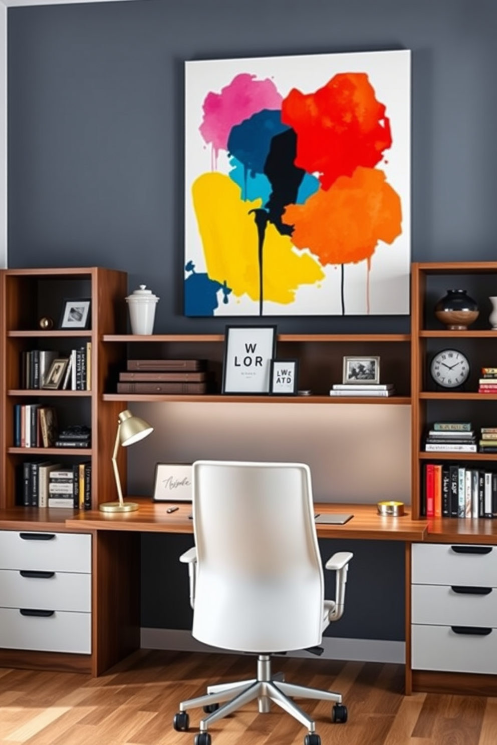 Creative wall art for inspiration. A large canvas painting in vibrant colors hangs above a sleek desk, adding a burst of energy to the workspace. Home Office Design Ideas. The room features a modern ergonomic chair paired with a minimalist wooden desk, surrounded by bookshelves filled with stylish decor and organized books.