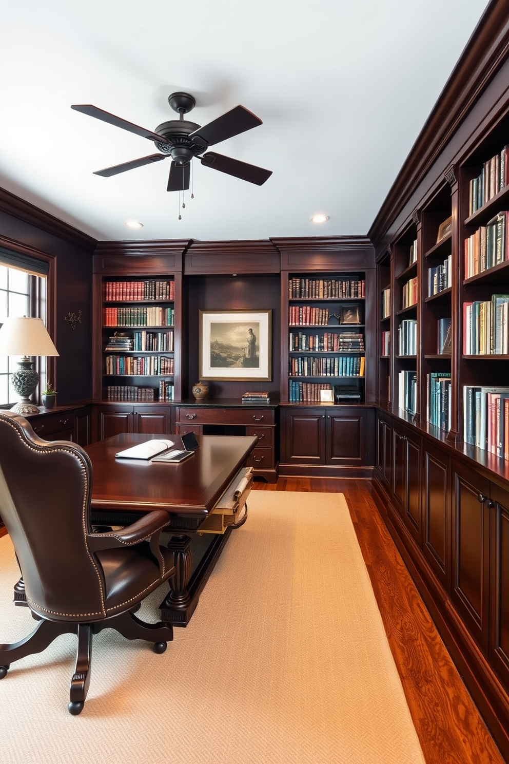 A cozy home office featuring dark wood tones that exude a classic feel. The room includes a large wooden desk with intricate detailing and a comfortable leather chair, complemented by built-in bookshelves filled with classic literature.