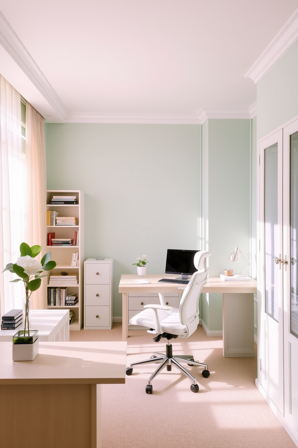 A serene home office space with light pastel colors creating a calming atmosphere. The walls are painted in a soft mint green, complemented by a light beige desk and a comfortable white ergonomic chair. Natural light floods the room through large windows adorned with sheer curtains. A stylish bookshelf filled with books and decorative items sits against one wall, while a small potted plant adds a touch of greenery to the desk.