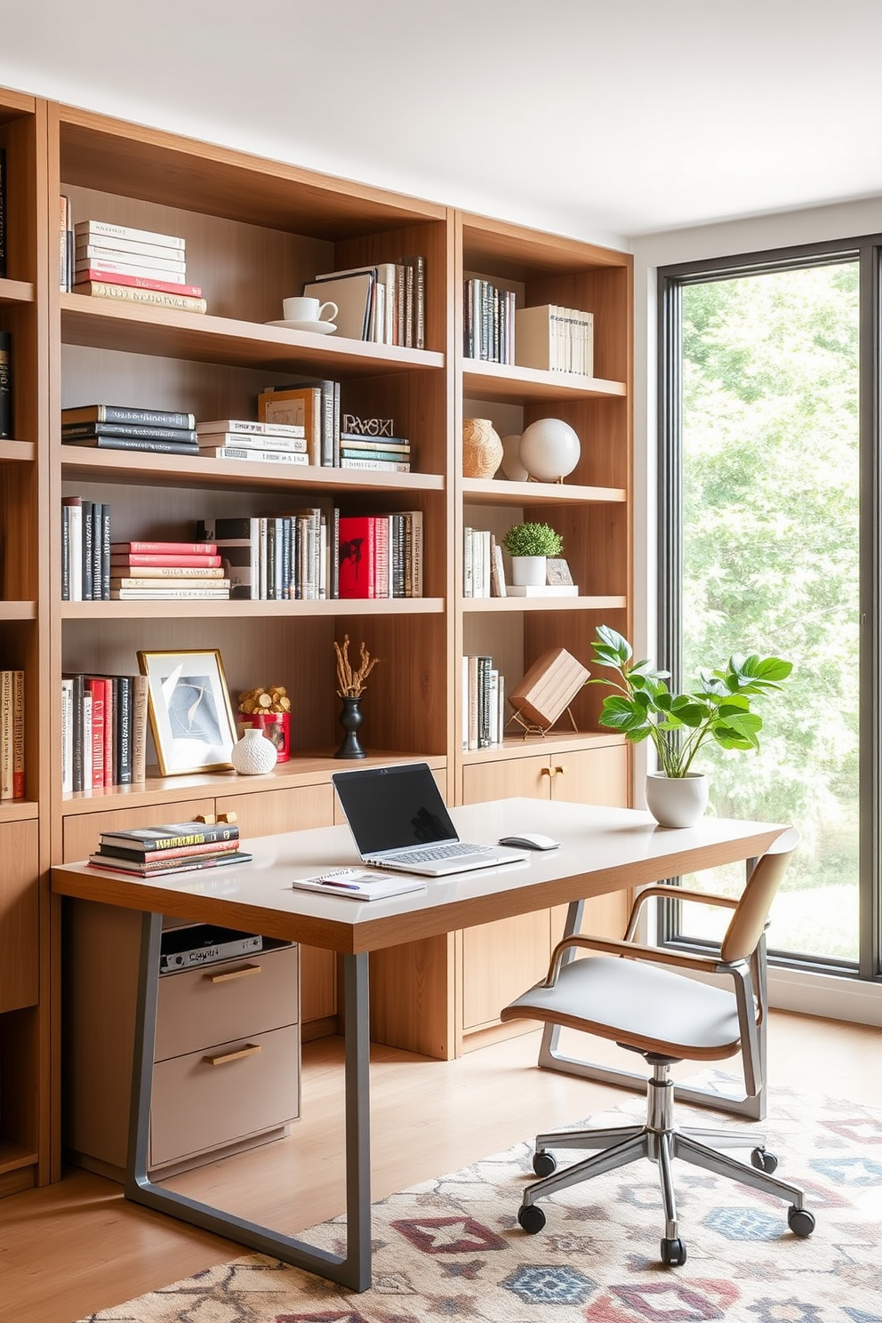 A modern home office with open shelving that provides easy access to books and decorative items. The desk is positioned in front of a large window, allowing natural light to illuminate the workspace.