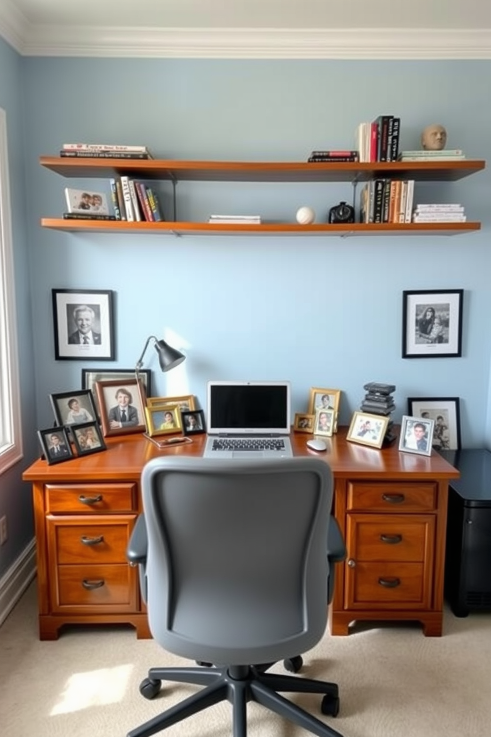 A stylish desk organizer made of natural wood sits atop a sleek glass desk, featuring compartments for pens, notebooks, and other office essentials. The backdrop showcases a calming blue wall adorned with framed art, while a lush green plant adds a touch of life to the workspace. The desk is complemented by a modern ergonomic chair upholstered in soft fabric, providing both comfort and style. Warm ambient lighting from a minimalist desk lamp casts a cozy glow, enhancing the overall aesthetic of the home office.