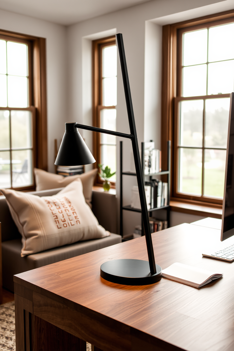 A modern home office with a sleek desk positioned by a large window. The space features adjustable task lighting mounted above the desk to provide focused illumination for work tasks. The walls are painted in a calming light gray, creating a serene atmosphere. A comfortable ergonomic chair complements the desk, and shelves filled with books and decorative items add personality to the space.