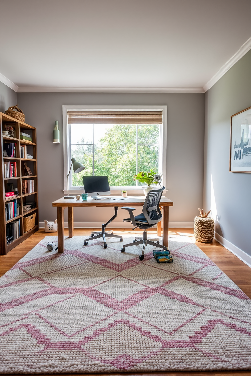 A cozy home office featuring a large textured rug that adds warmth to the space. The desk is made of reclaimed wood and faces a large window, allowing natural light to flood the room. The walls are painted in a soft gray tone, complementing the warm tones of the rug. A stylish ergonomic chair sits at the desk, paired with a sleek bookshelf filled with books and decorative items.