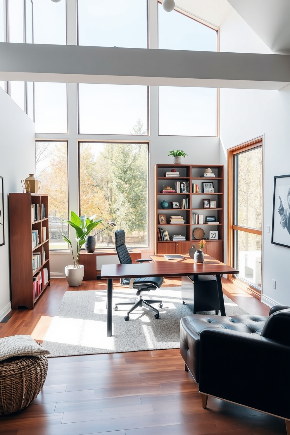 A bright and airy home office with large windows allowing ample natural light to flood the space. The room features a sleek wooden desk positioned to face the windows, complemented by a comfortable ergonomic chair and stylish shelving units filled with books and decor.