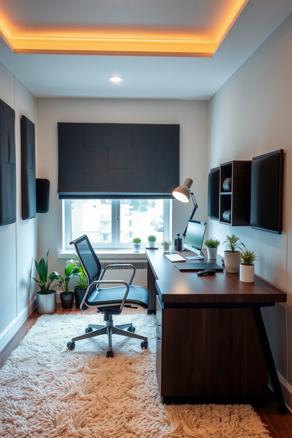 A modern home office that incorporates soundproofing elements for a serene work environment. The room features a sleek desk made of dark wood, paired with an ergonomic chair, and soundproof panels adorning the walls in a calming blue hue. Floor-to-ceiling bookshelves line one wall, filled with books and decorative items to enhance the aesthetic. A plush area rug in neutral tones anchors the space, while a large window allows natural light to filter in, complemented by blackout curtains for noise reduction.