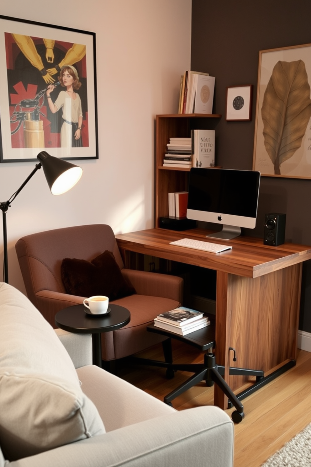 Cozy reading nook in the corner with a plush armchair upholstered in soft fabric. A small side table holds a steaming cup of tea and a stack of books, while a floor lamp casts a warm glow over the space. Home office design ideas featuring a sleek desk made of reclaimed wood. The walls are adorned with inspiring artwork, and a comfortable ergonomic chair complements the modern aesthetic.