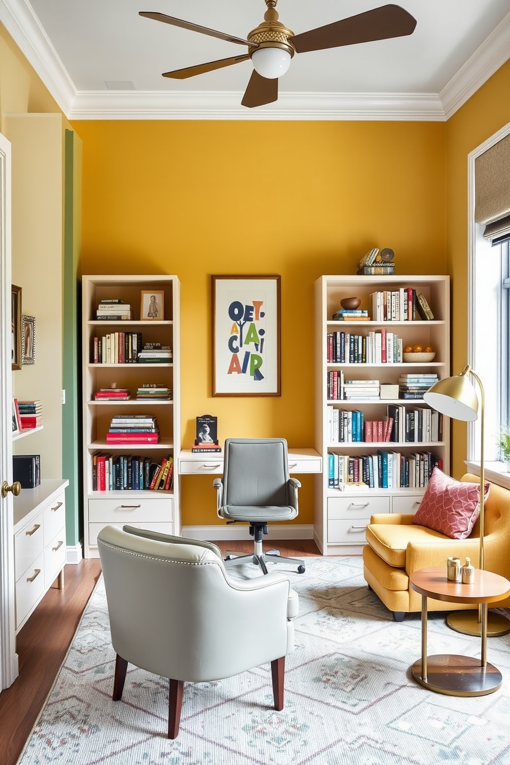 A vibrant home office featuring a colorful accent wall that contrasts with the neutral tones of the surrounding space. The desk is positioned to take advantage of natural light, with stylish shelving units filled with books and decorative items. Comfortable seating is arranged to create a cozy reading nook in one corner, complemented by a small side table and a floor lamp. The overall design promotes productivity while maintaining a warm and inviting atmosphere.